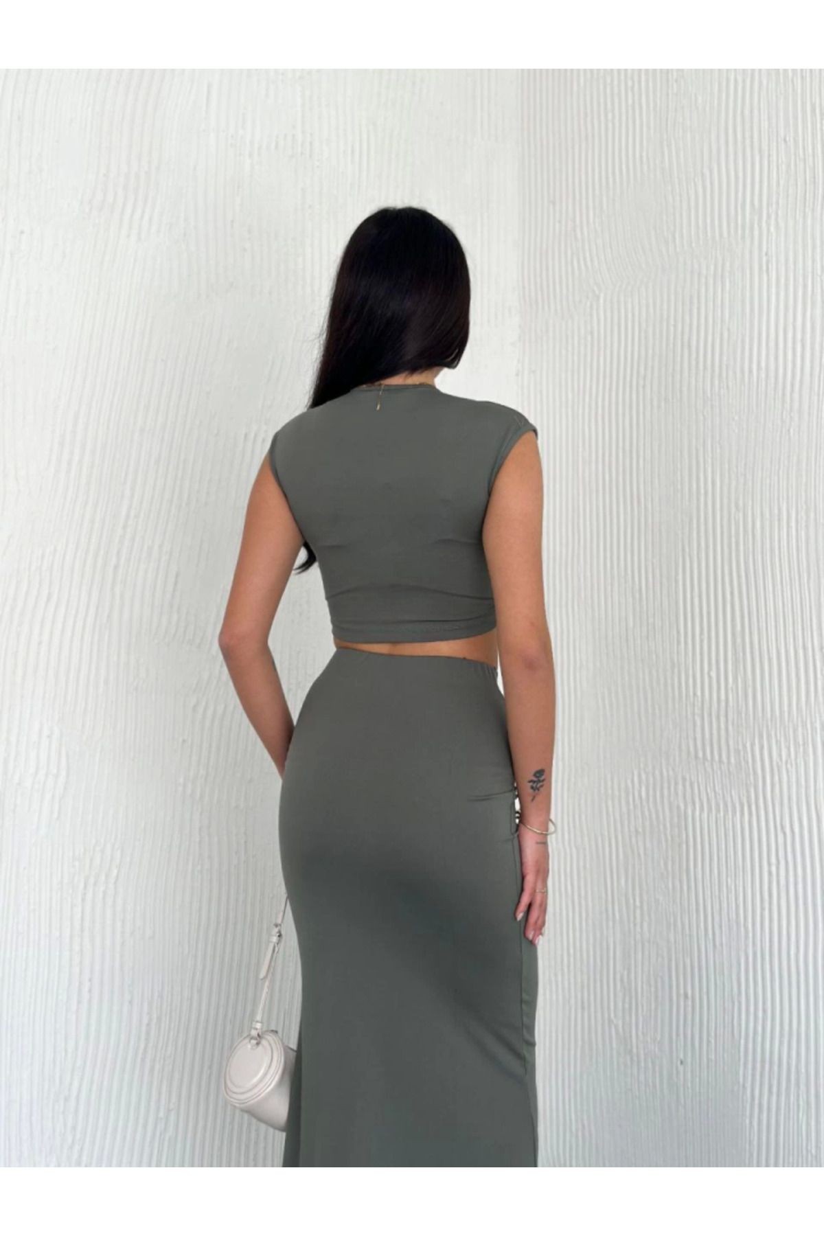 Osy Modal Yumuşak Dokulu Kumaş Büzgülü Crop Etek Takım - Mint Yeşili