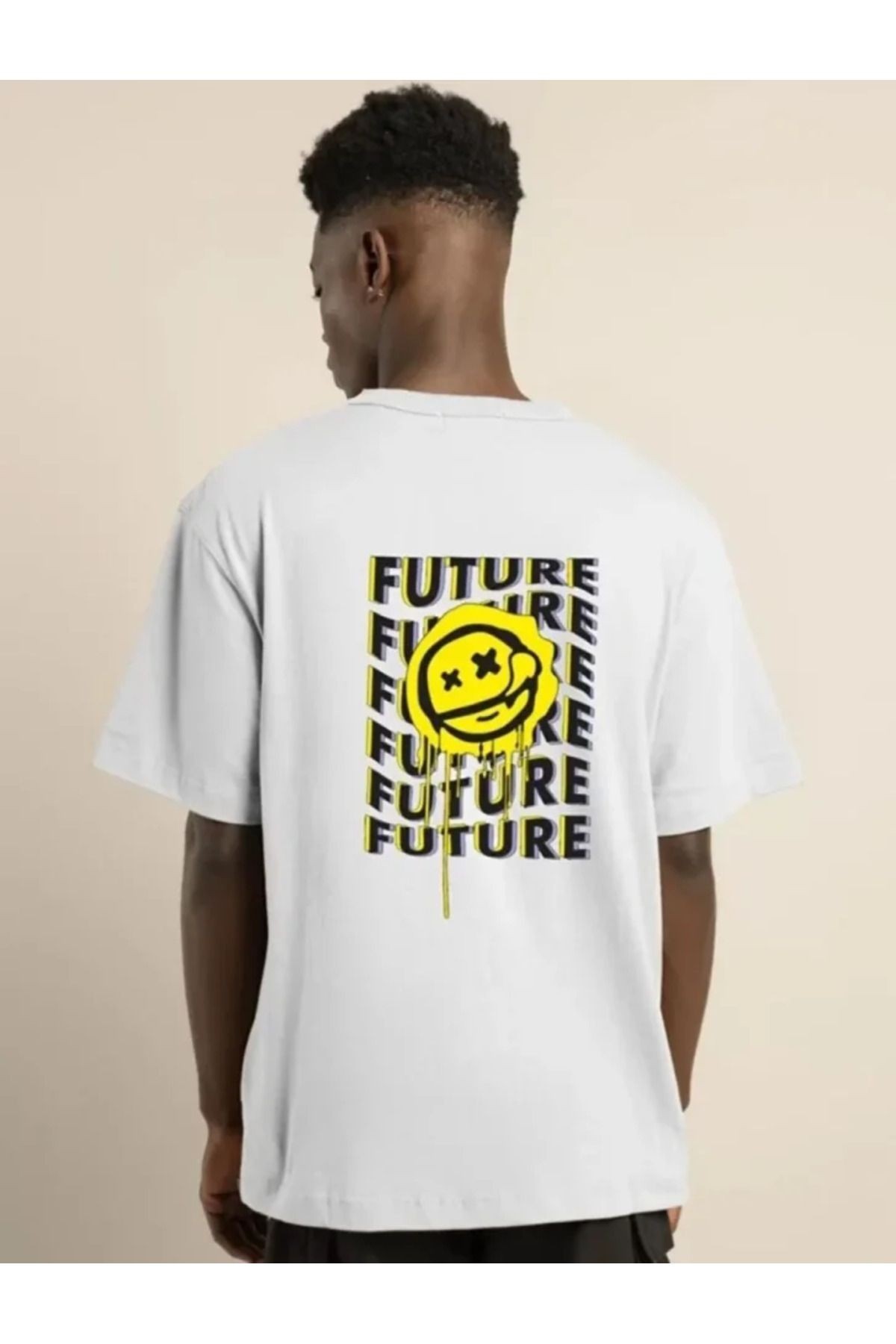 Unisex Bisiklet Yaka Baskılı Oversize T-Shirt - Beyaz