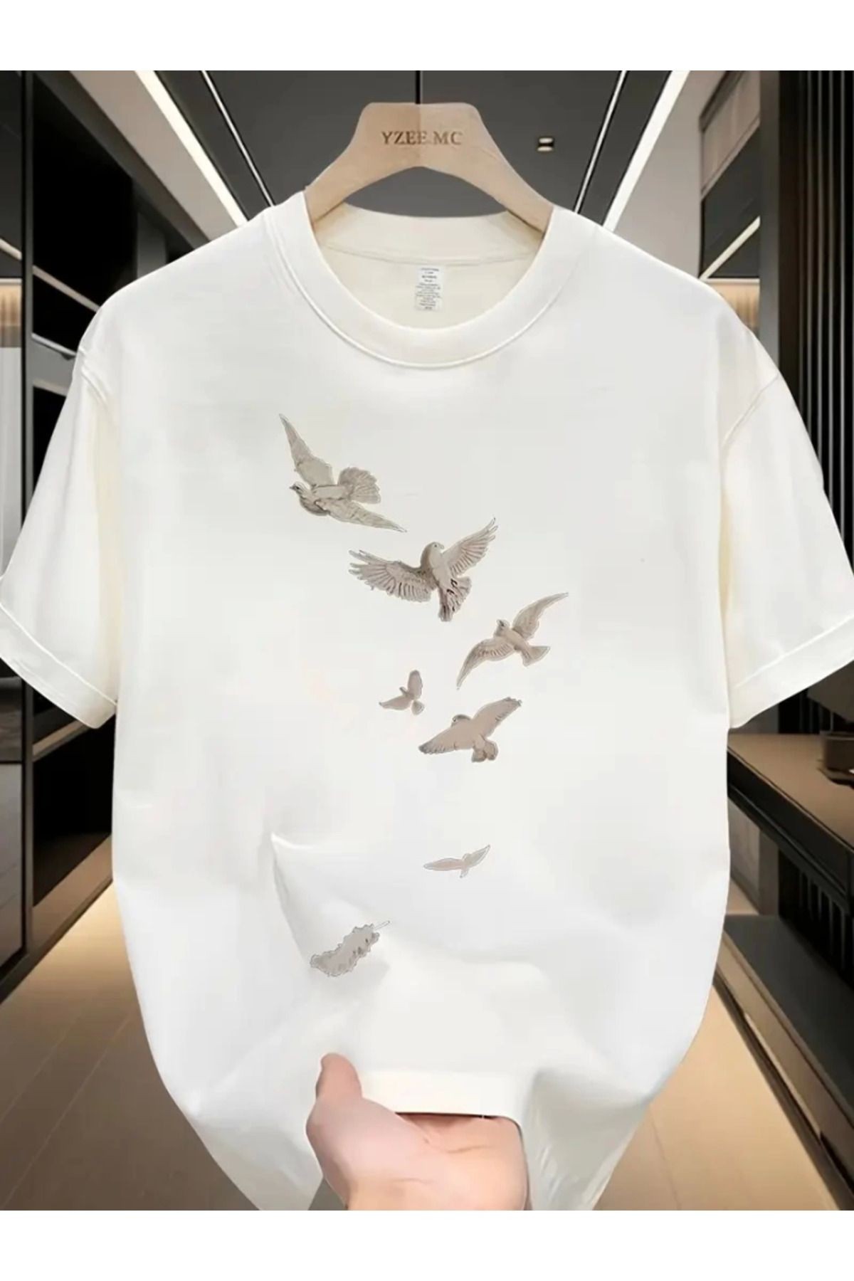 Baskılı Oversize Bisiklet Yaka T-shirt - Beyaz