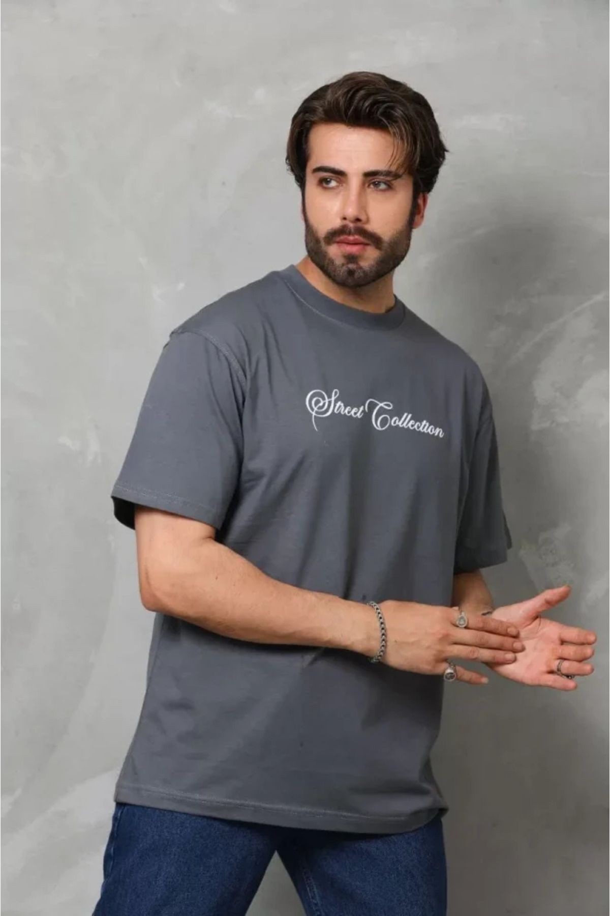 Unisex Bisiklet Yaka Baskılı Oversize T-Shirt - Füme