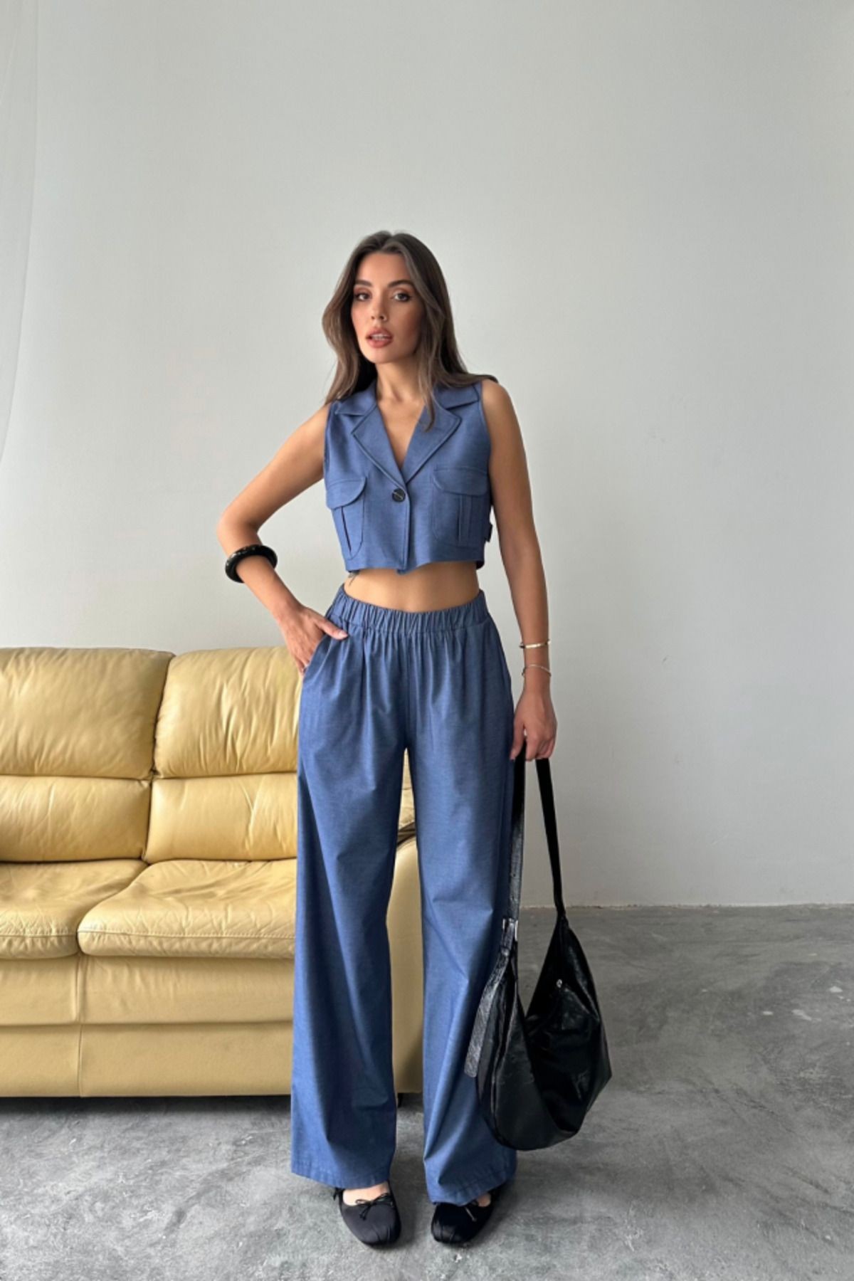 CROP KOLSUZ GÖMLEK - PANTOLON TAKIM - İndigo