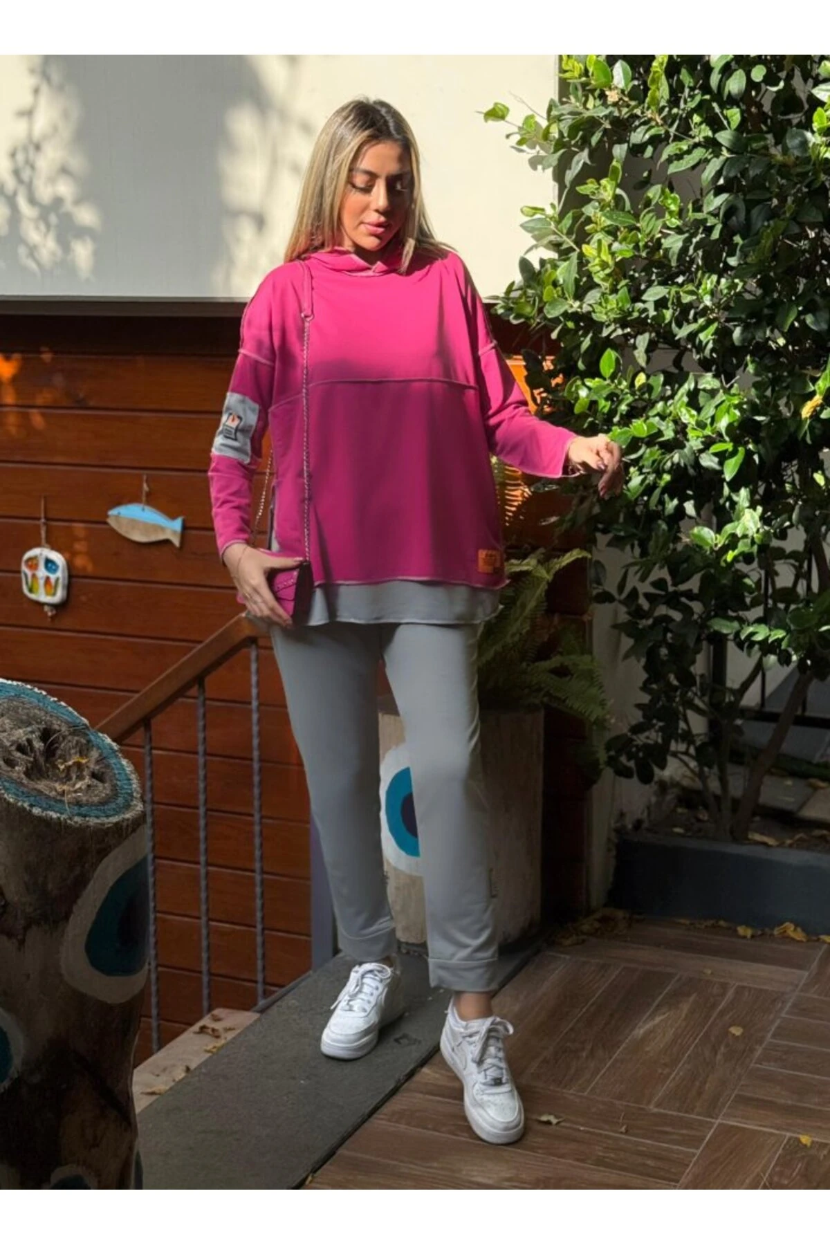 mrpurple Kadın Pembe Kapşonlu Etek Ucu Detay Arma Ters Dikiş Gorunumlu Ikili Takım