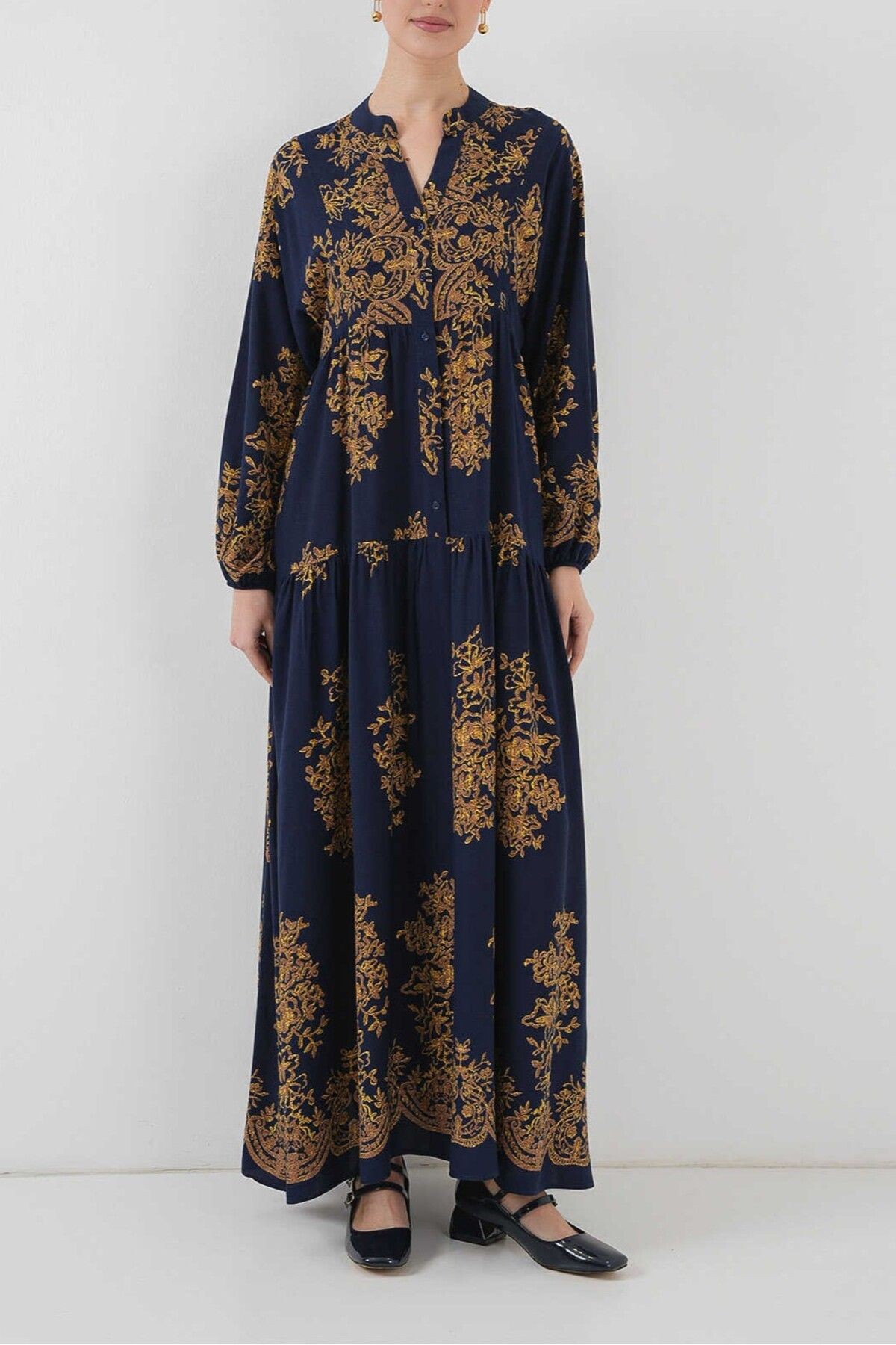 Lacivert Gold Desenli Tesettür Elbise