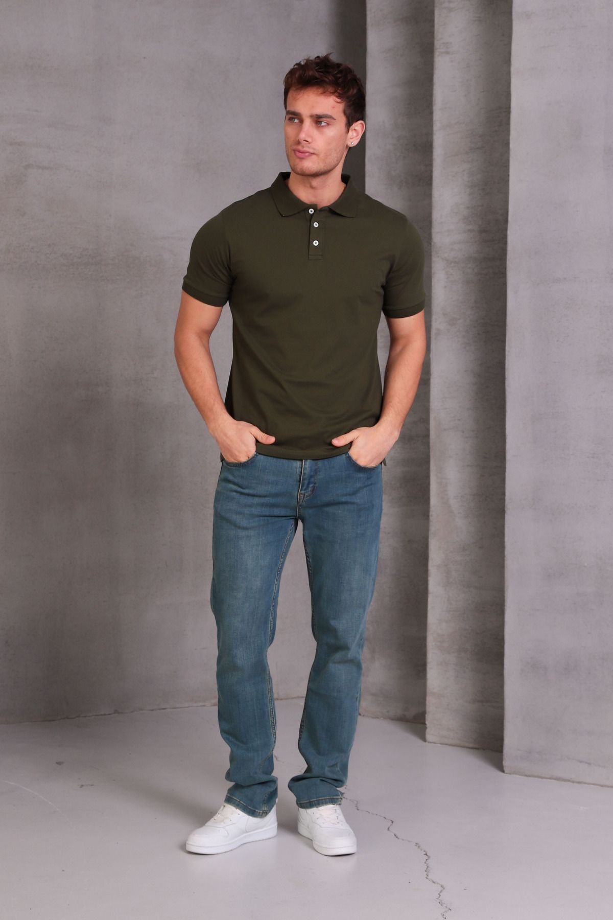 Erkek Dar Kesim Slim Fit Pamuklu Yumuşak Doku Nefes Alan Kumaş Kıvrılmaz Yaka Bej Polo Yaka Tişört