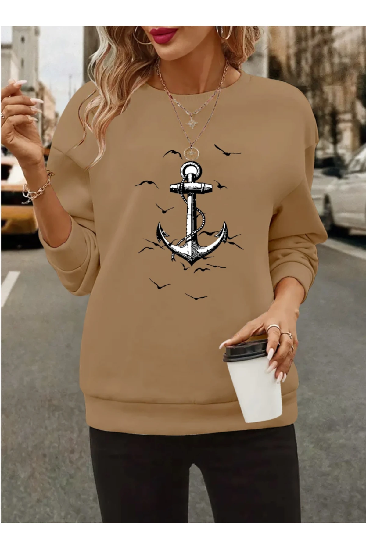 cottonLab Kadın Uzun Kollu Bisiklet Yaka Desenli Viskon Iki Iplik Bluz