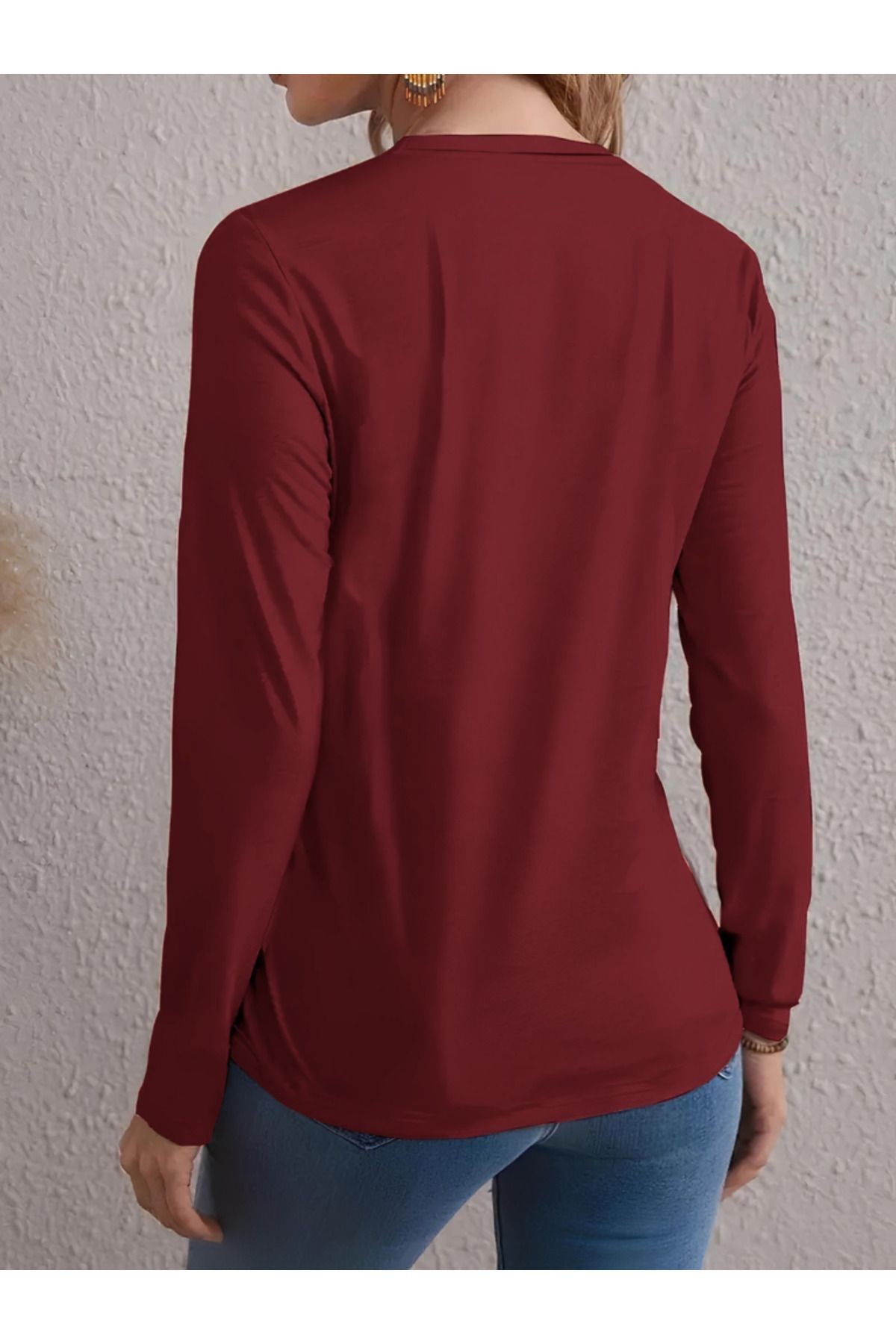 Kadın Uzun Kollu Bisiklet Yaka Desenli Viskon Bluz