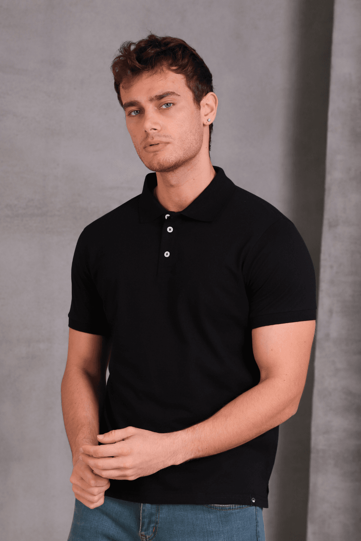 Erkek Dar Kesim Slim Fit Pamuklu Yumuşak Doku Nefes Alan Kumaş Kıvrılmaz Yaka Polo Yaka Tişört - siyah