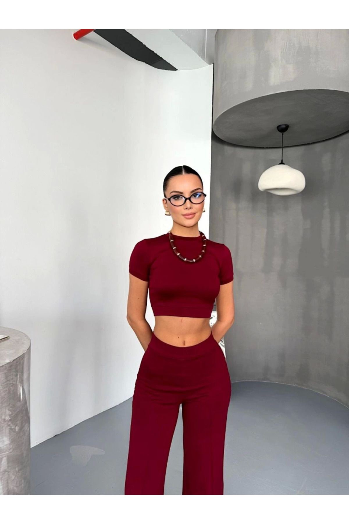 Modal Yumuşak Dokulu Kumaş Kısa Kollu Crop Alt Ispanyol Paça Pantalon Ikili Takım - Bo
