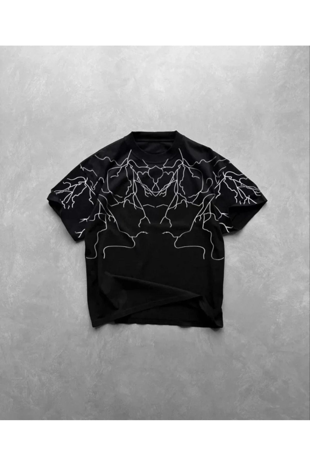Unisex Bisiklet Yaka Baskılı Oversize T-Shirt - Siyah