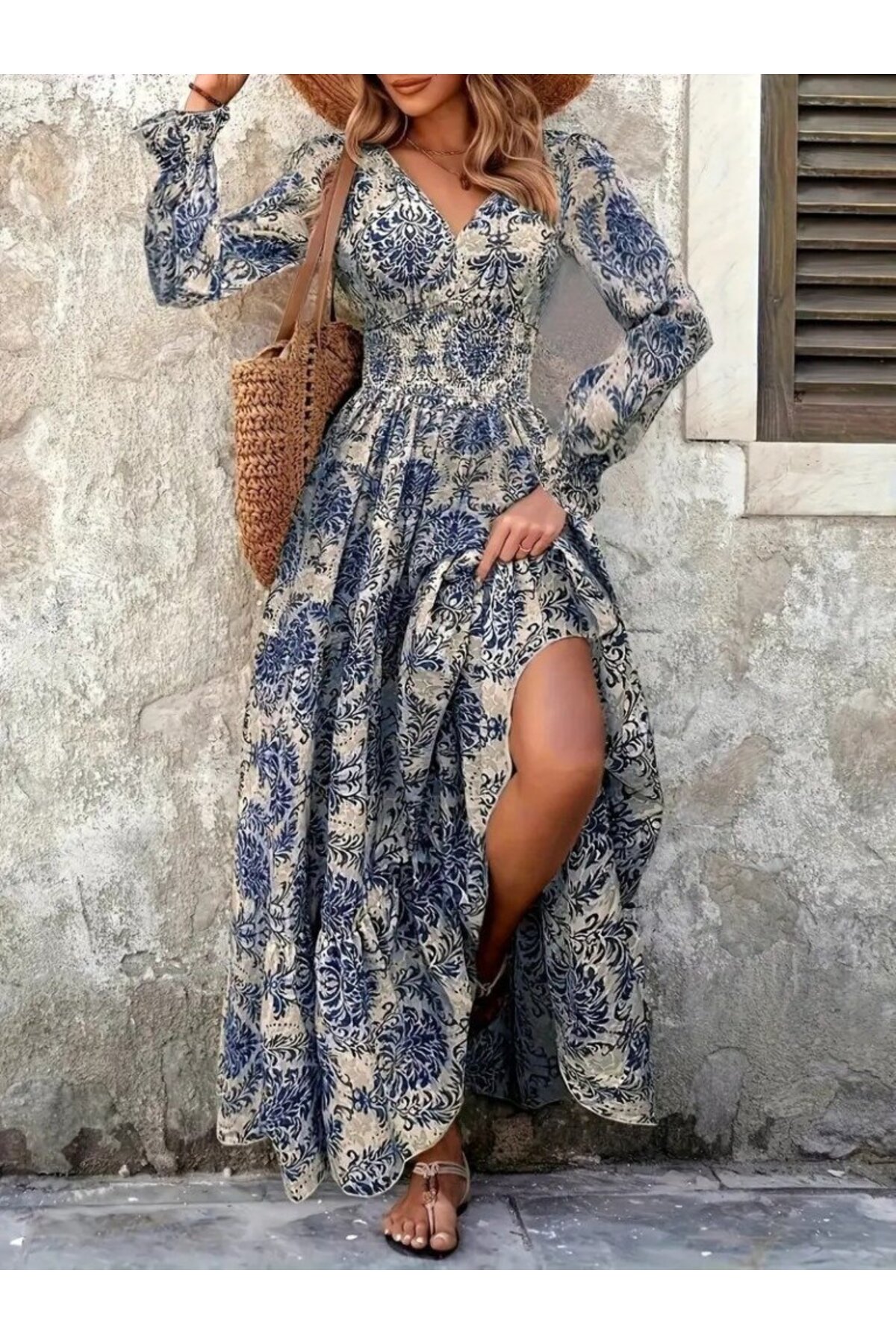 Kadın Uzun Kollu V Yakalı Desenli Süprem Elbise