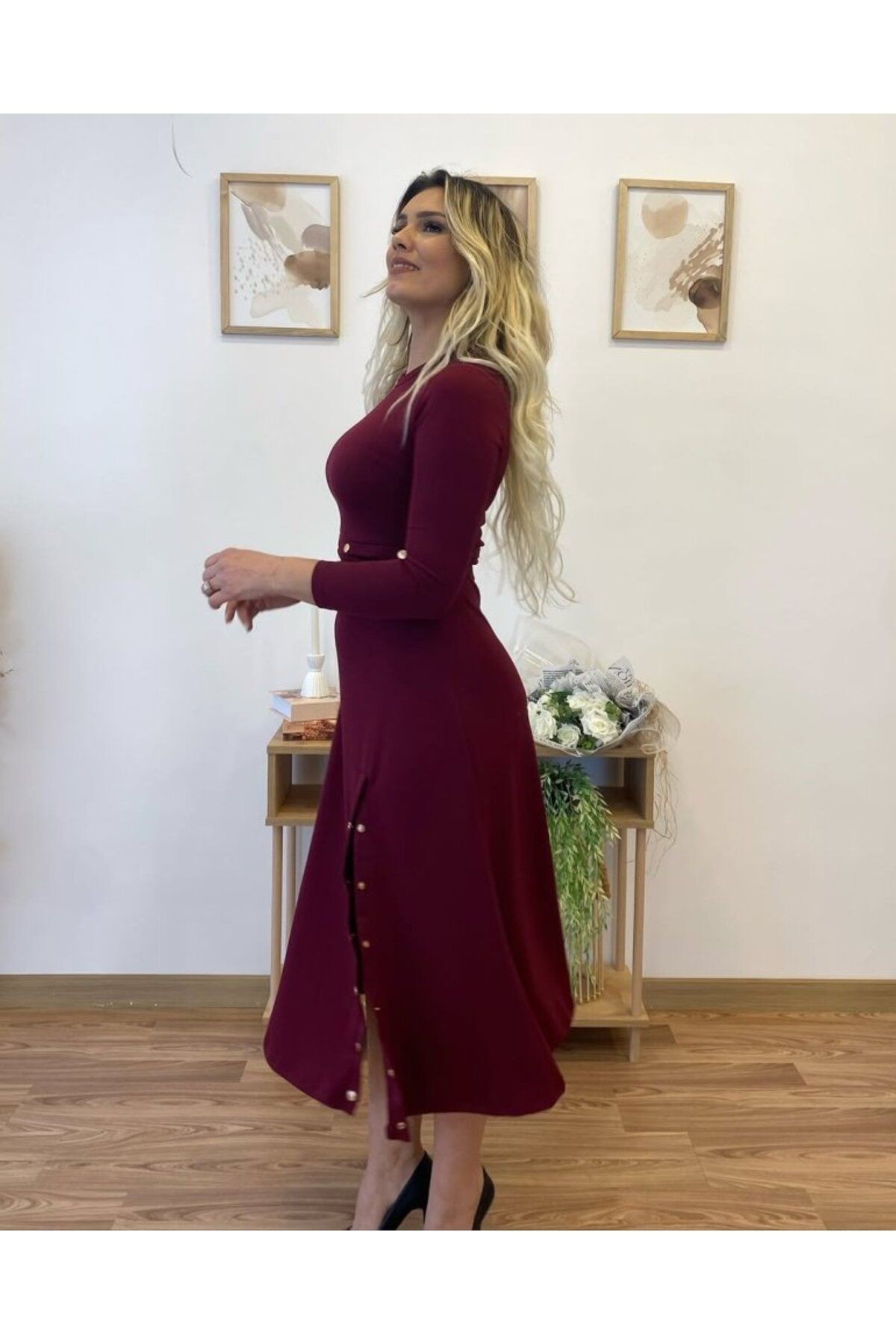 Kadın Uzun Kollu çıtçıtlı Viskon Krop Bluz Ve Yırtmaçlı Etek Istenildiğinde Elbise Olan Ik