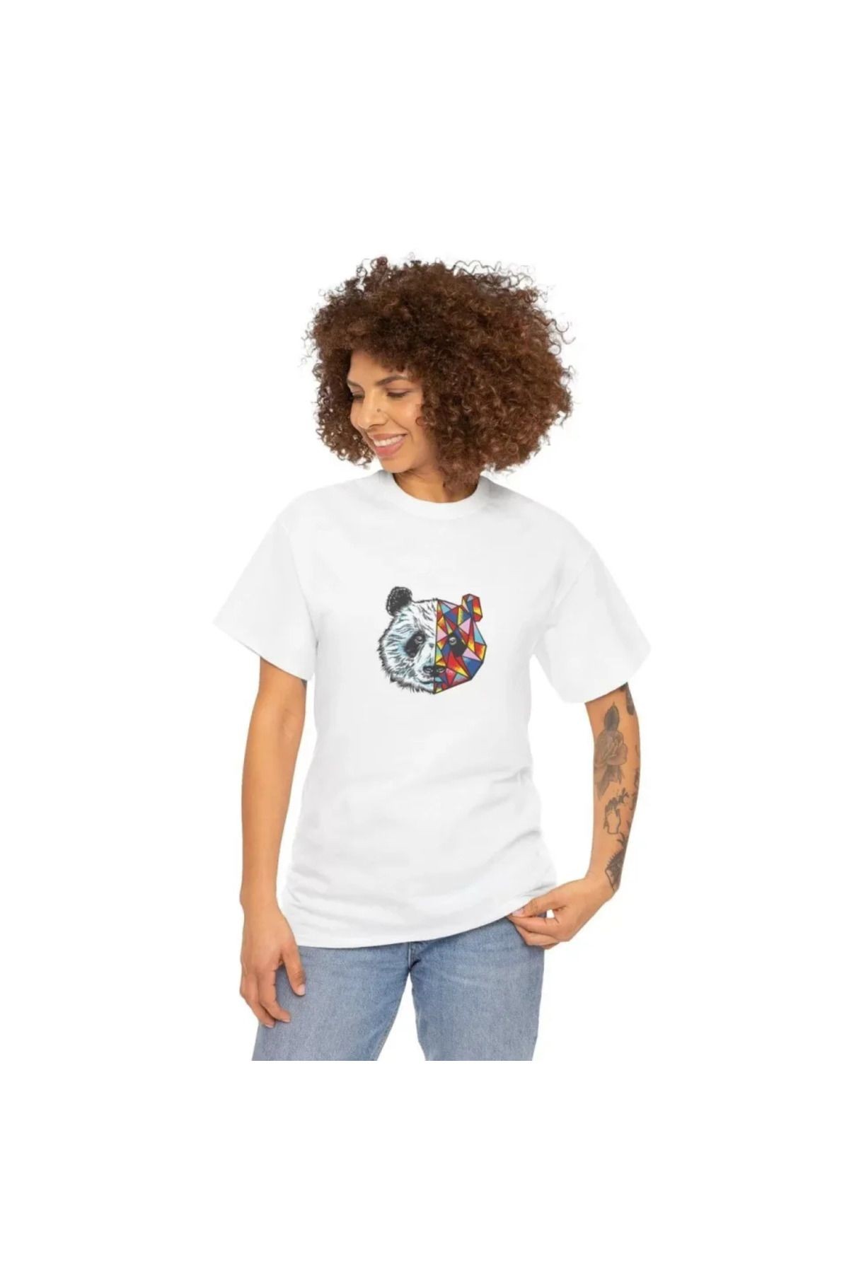 Unisex Bisiklet Yaka Baskılı T-Shirt - Beyaz