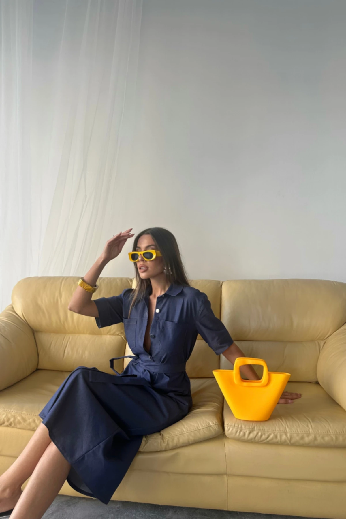 ÖNDEN DÜĞMELİ KISA KOL ELBİSE - Mavi