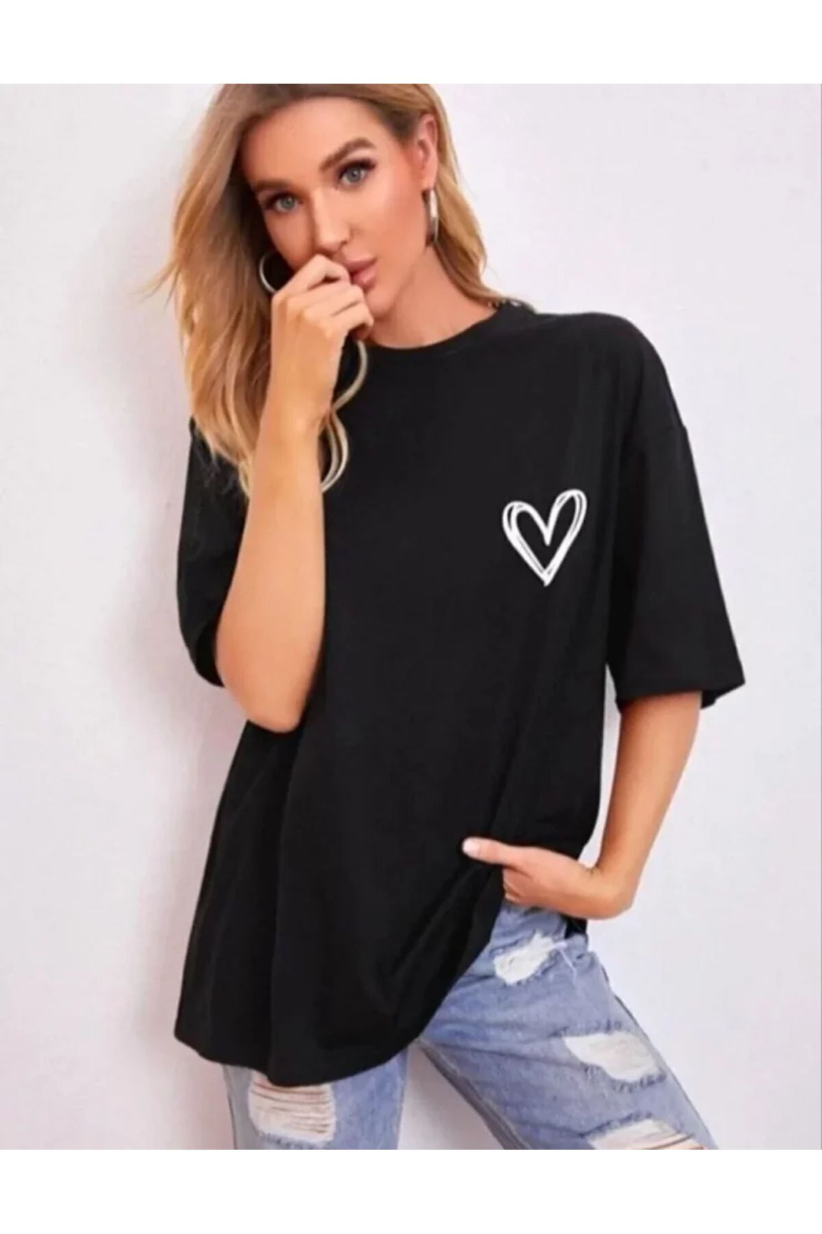 Bisiklet Yaka Baskılı Oversize T-Shirt - Siyah