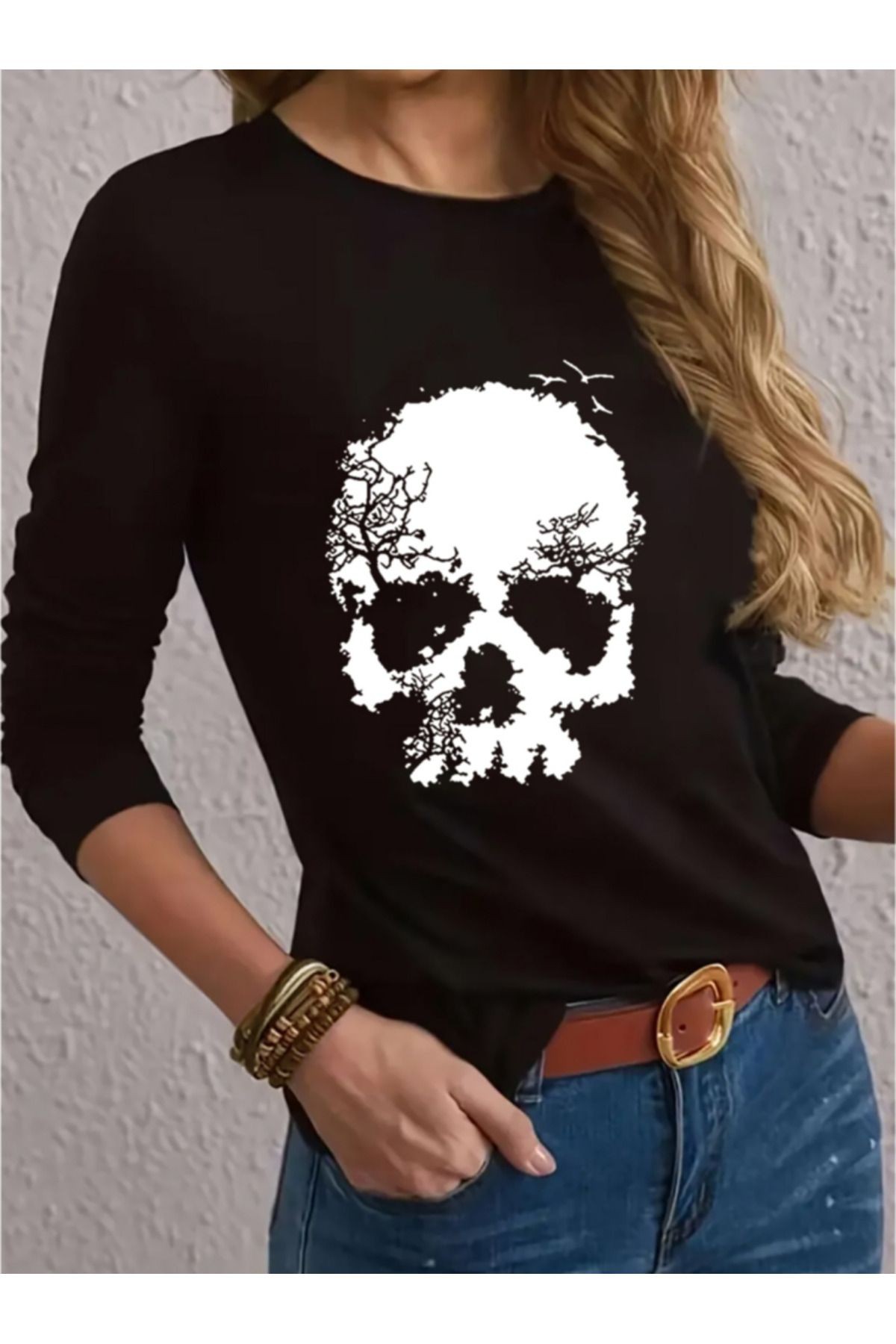 Kadın Uzun Kollu Bisiklet Yaka Ayçiçeği Desenli Viskon Bluz