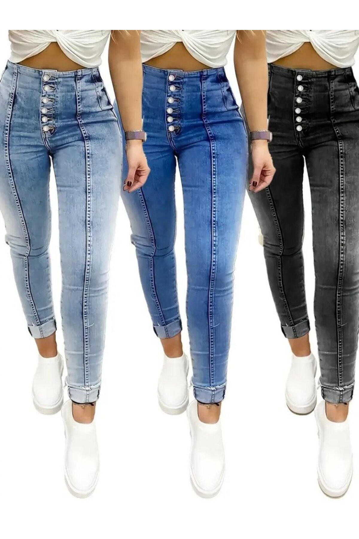 Kadın Yüksek Bel önden Düğmeli Jean Pantolon