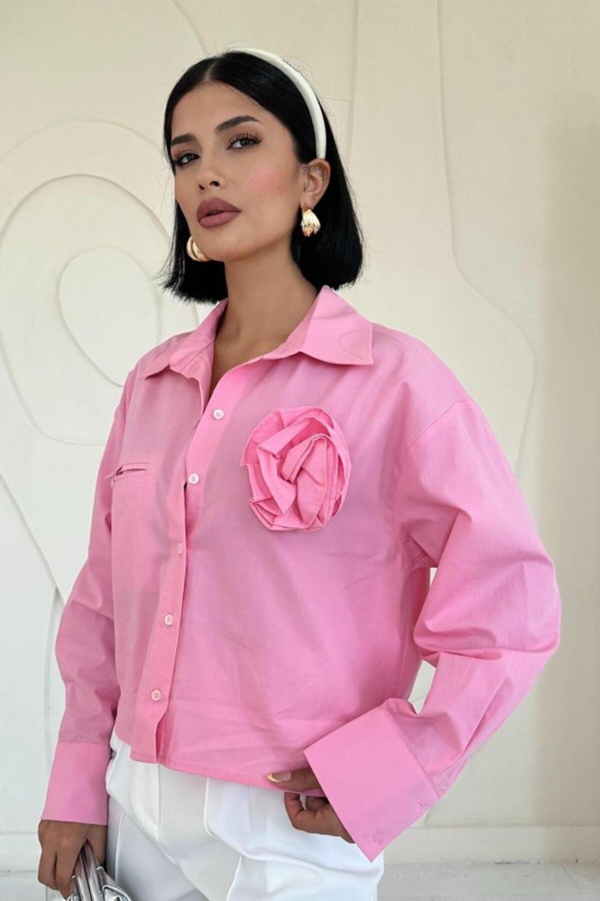Pembe Fleto Cepli Poplin Gömlek