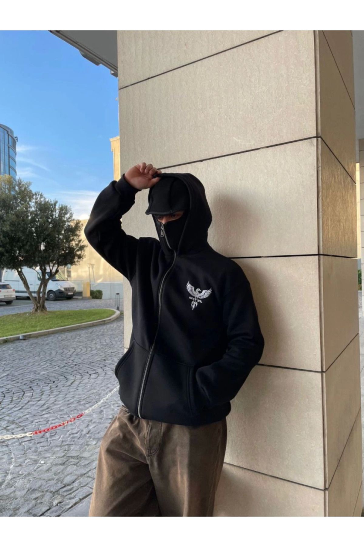 Samuray Kapşonlu ZIP Fermuarlı Kapşonlu SweatShirt - Siyah