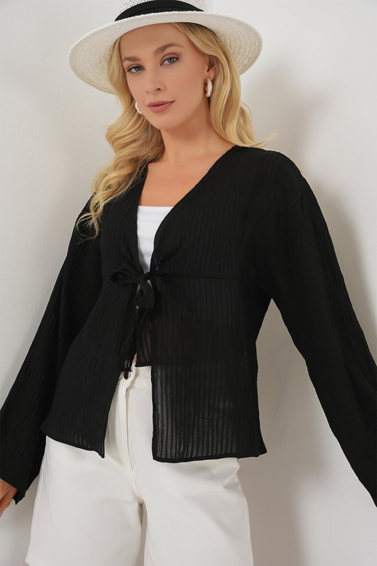 cottonLab Önü Bağcıklı Bluz 952 - Siyah