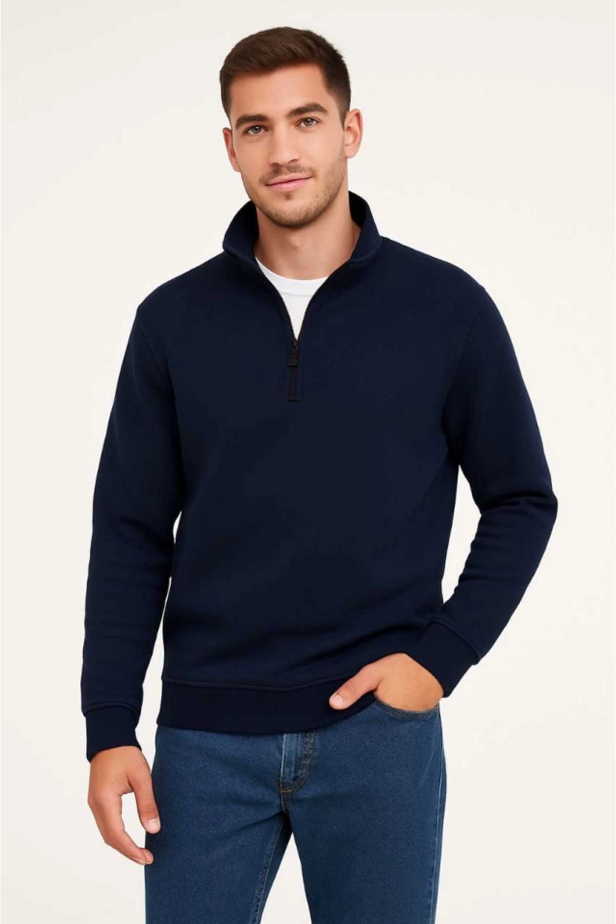 Erkek Dik Yaka Sweatshirt Dik Yaka Yarım Fermuarlı 3 İplik Şardonlu Pamuk Kumaş - Lacivert
