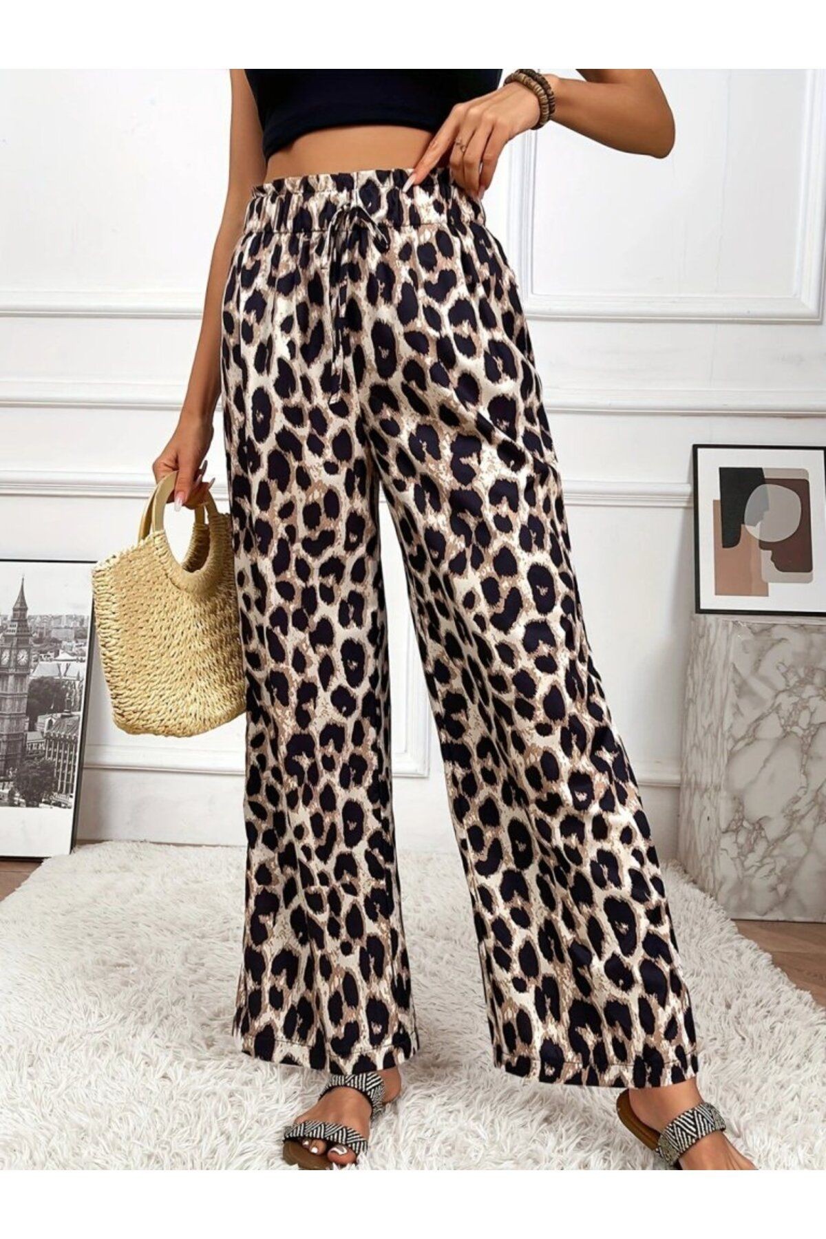Kadın Yüksek Bel Beli Lastikli Bağcıklı Leopar Desenli Süprem Pantolon