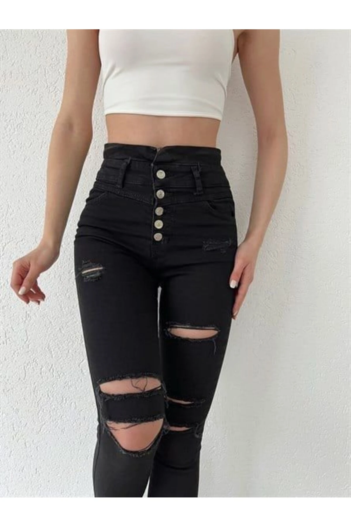 Melenza Kadın 5 Düğmeli V Detay Bel Yırtık Kot Pantolon
