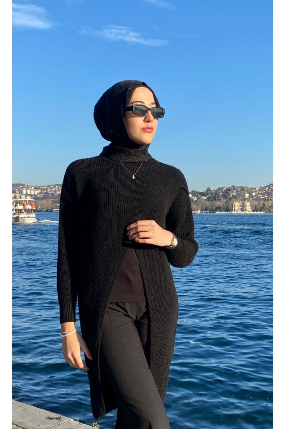 Kadın Uzun Kollu Bisiklet Yakalı önden çapraz Kesim Detaylı Midi Triko Elbise