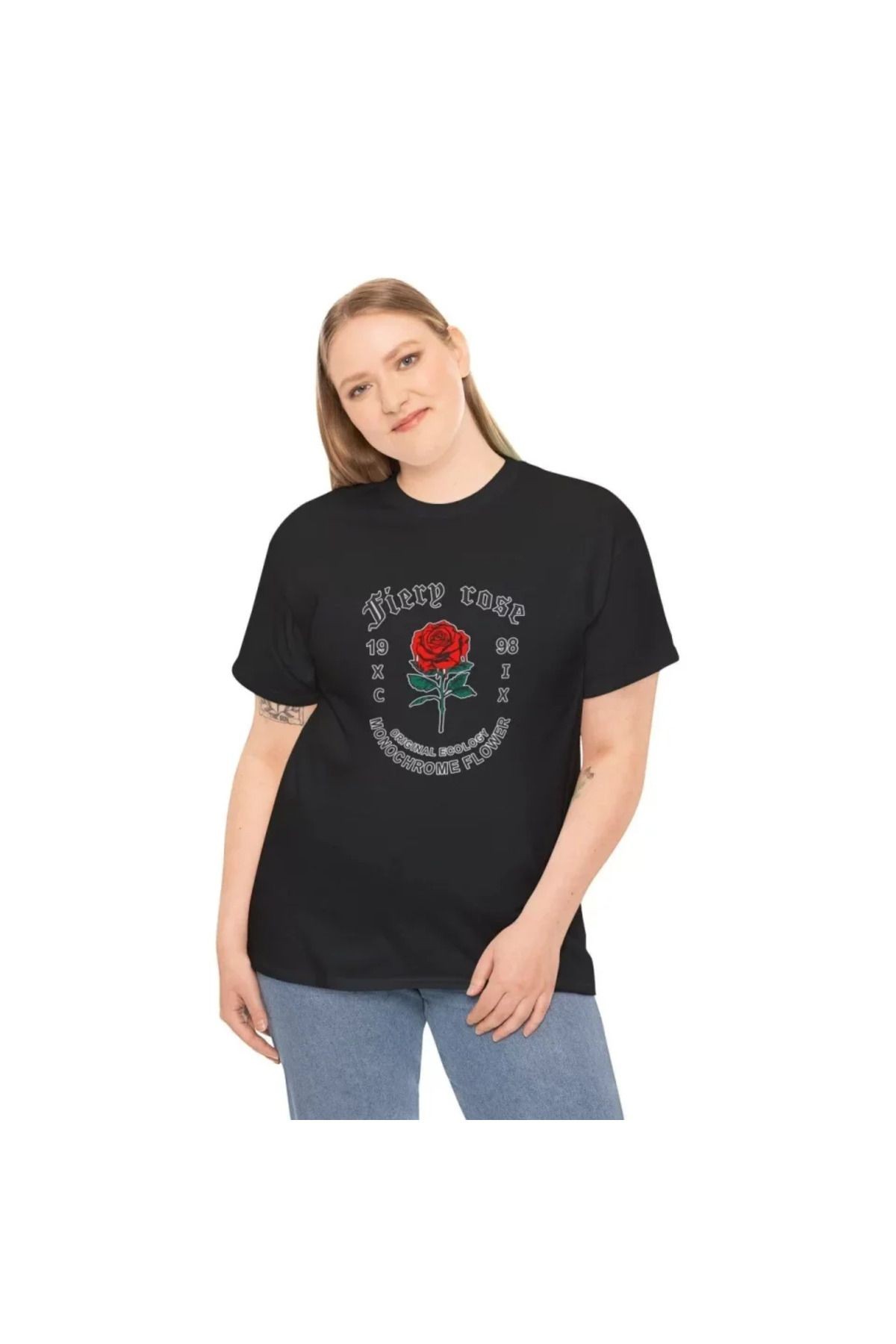 Unisex Bisiklet Yaka Baskılı T-Shirt - Siyah