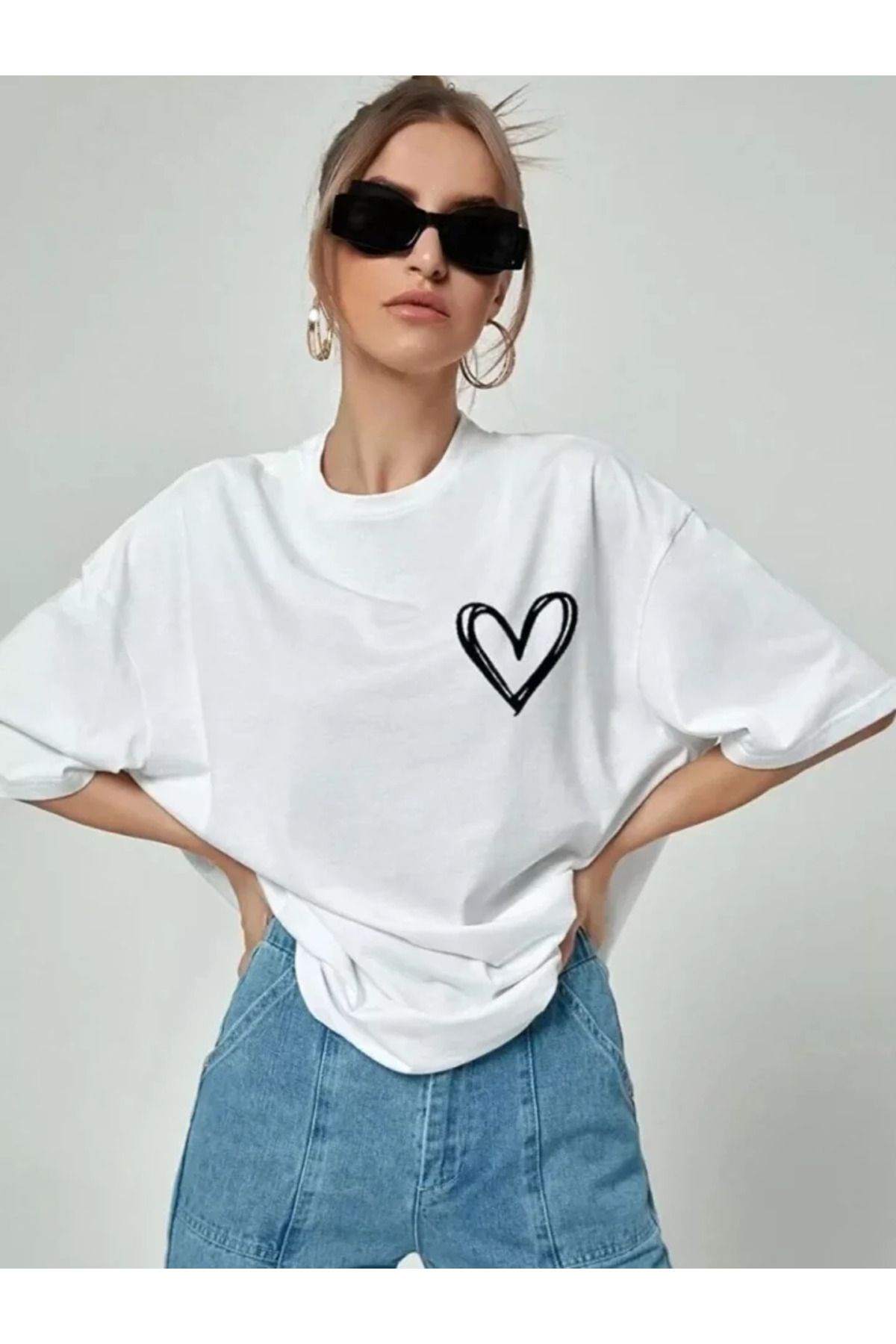 Bisiklet Yaka Baskılı Oversize T-Shirt - Beyaz