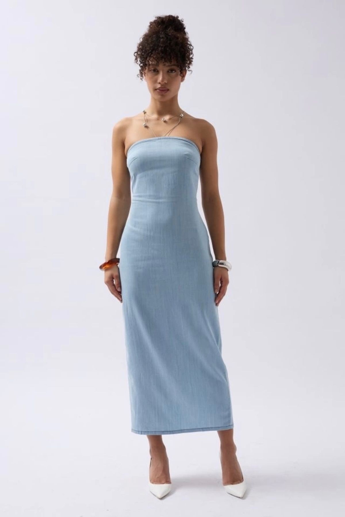Straplez Denim Elbise