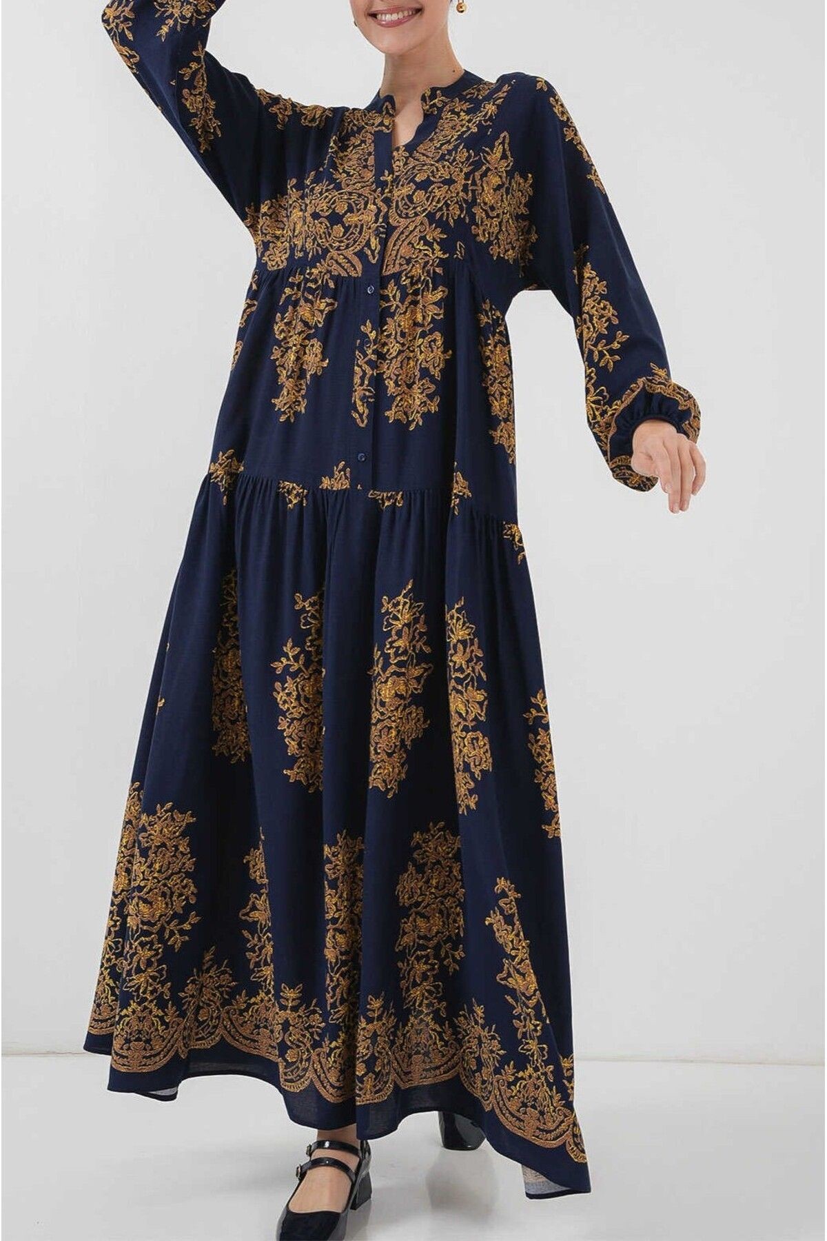 Lacivert Gold Desenli Tesettür Elbise
