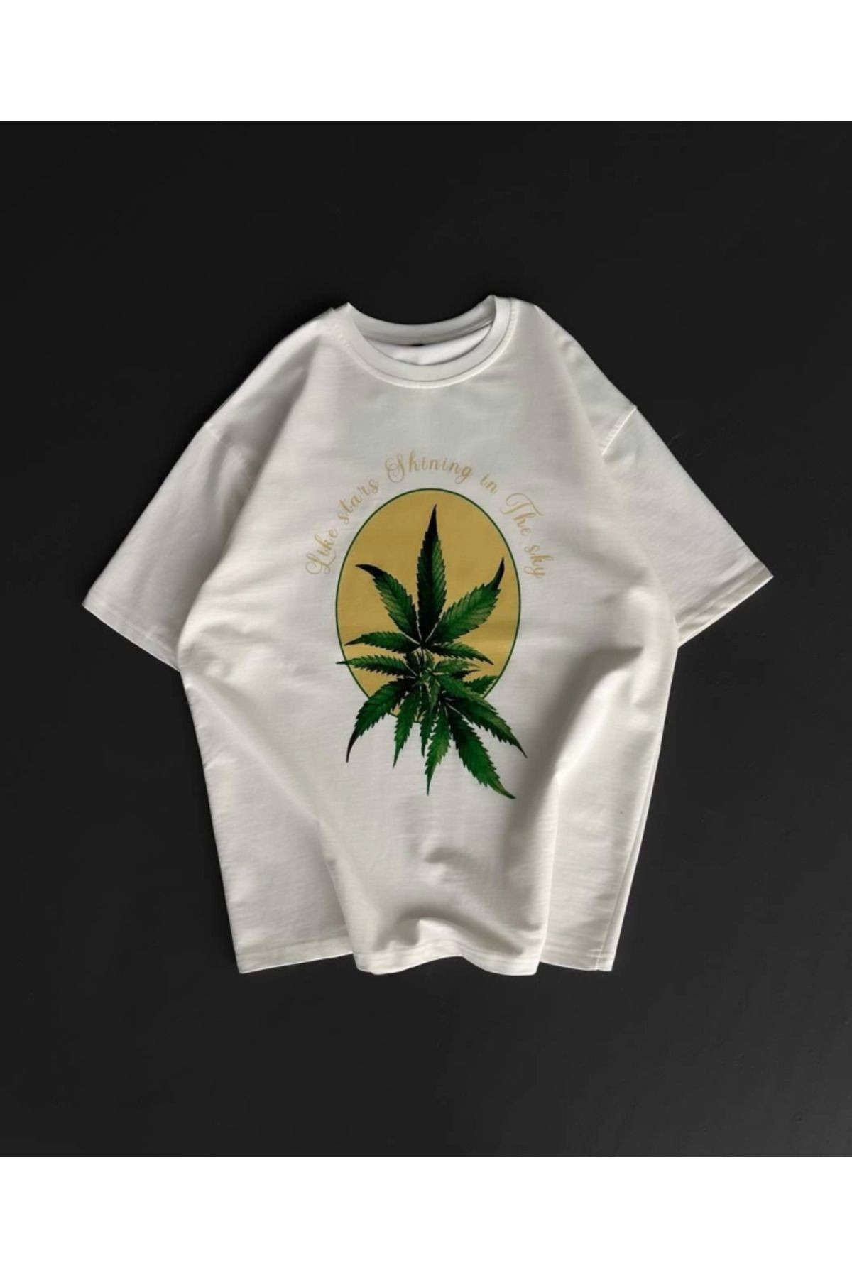Ön Ve Arka Baskılı Oversize Bisiklet Yaka T-shirt- Beyaz