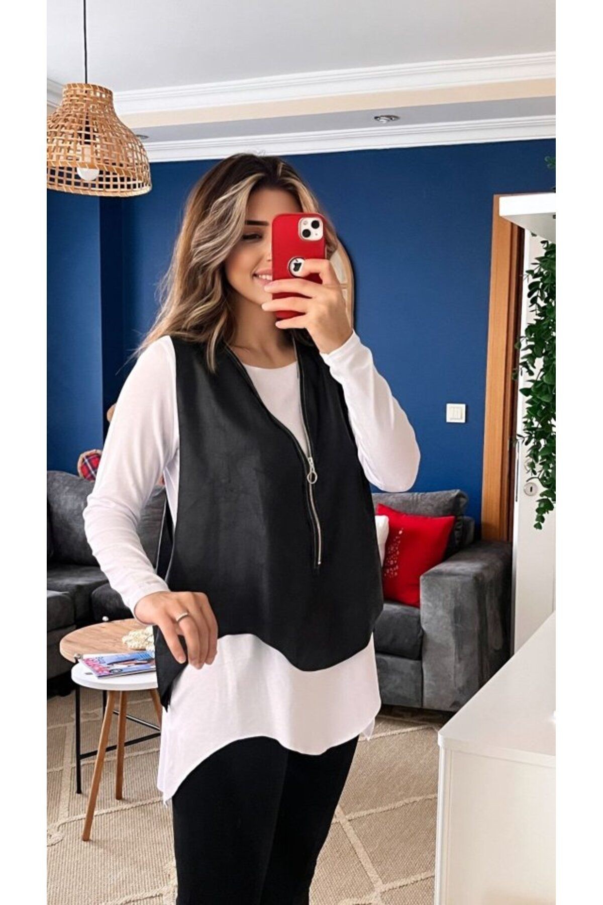 Kadın Uzun Kol Asimetrik Kesim Viskon Bluz Ve çatlak Deri Görünümlü Fermuar Detaylı Yelek