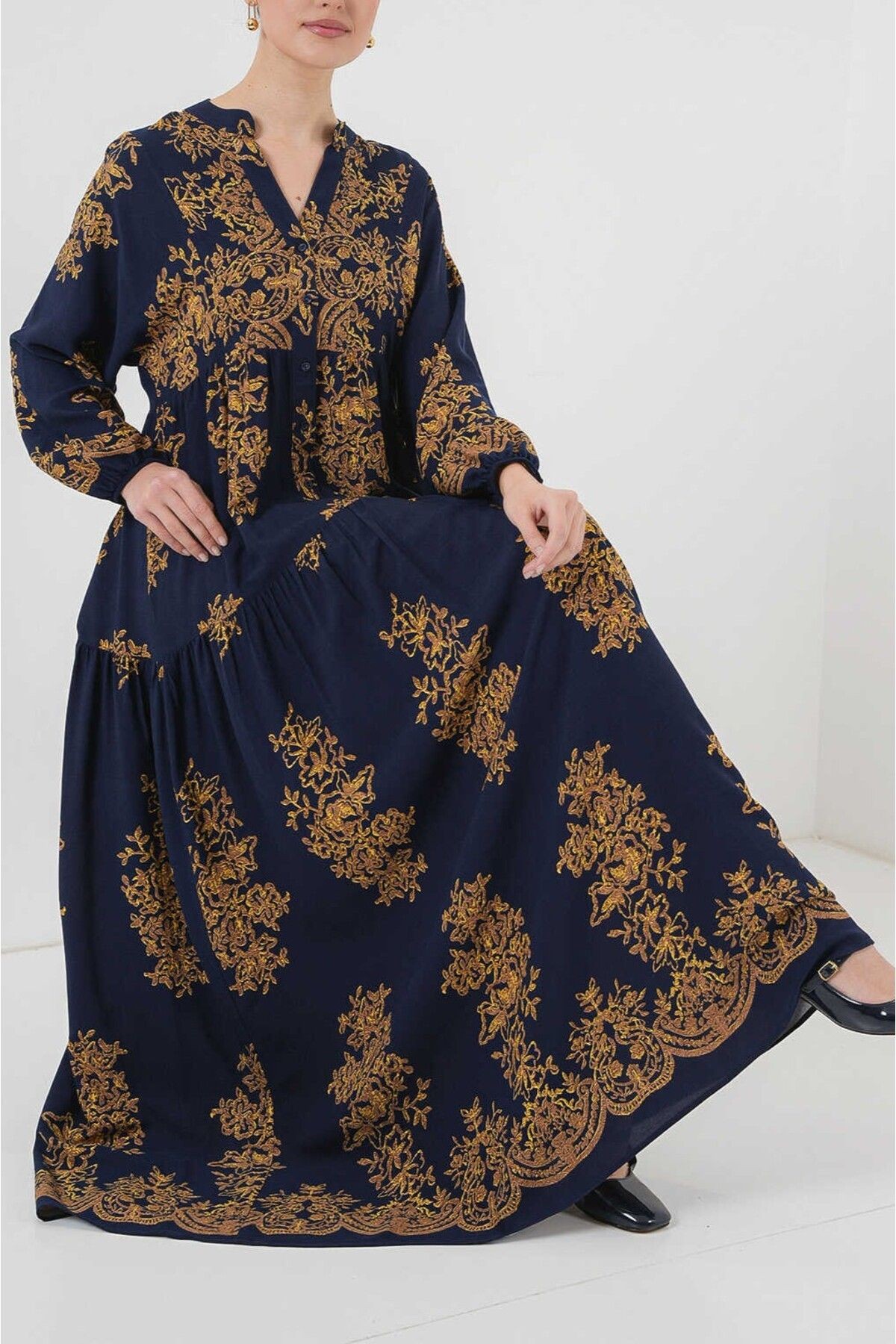 Lacivert Gold Desenli Tesettür Elbise