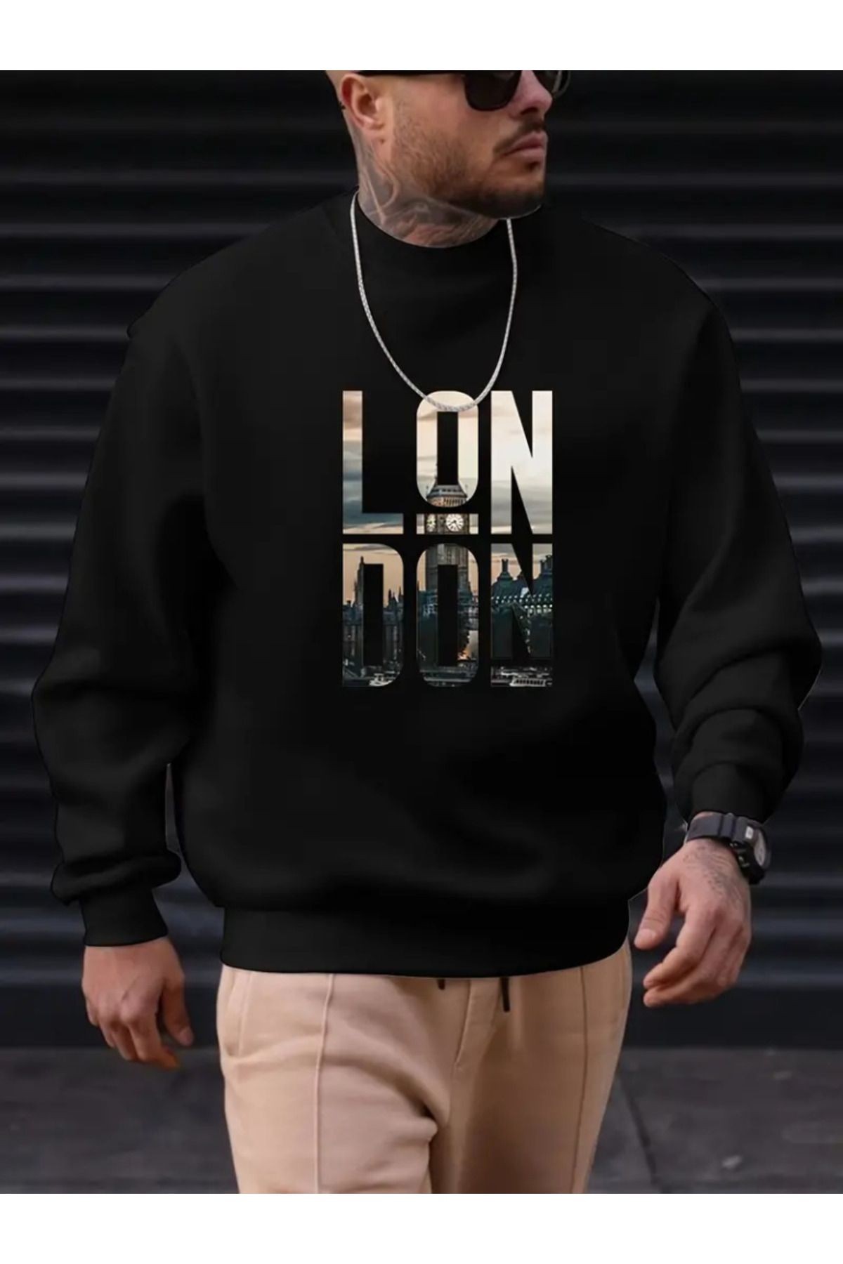 Erkek Uzun Kollu Bisiklet Yaka London Logo Baskılı Iki Iplik tişört