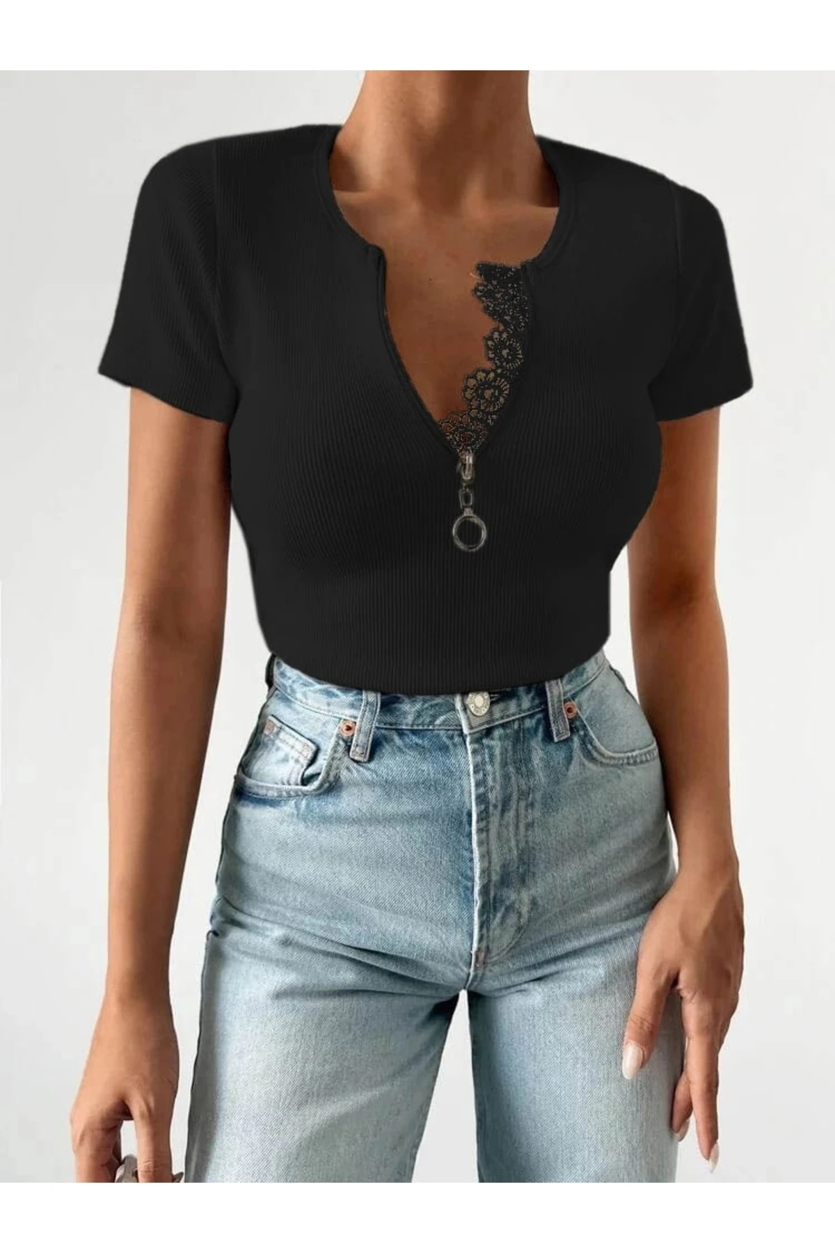 Kadın Beyaz Yaka Dantel Ve Fermuarlı Kaşkorse Bluz