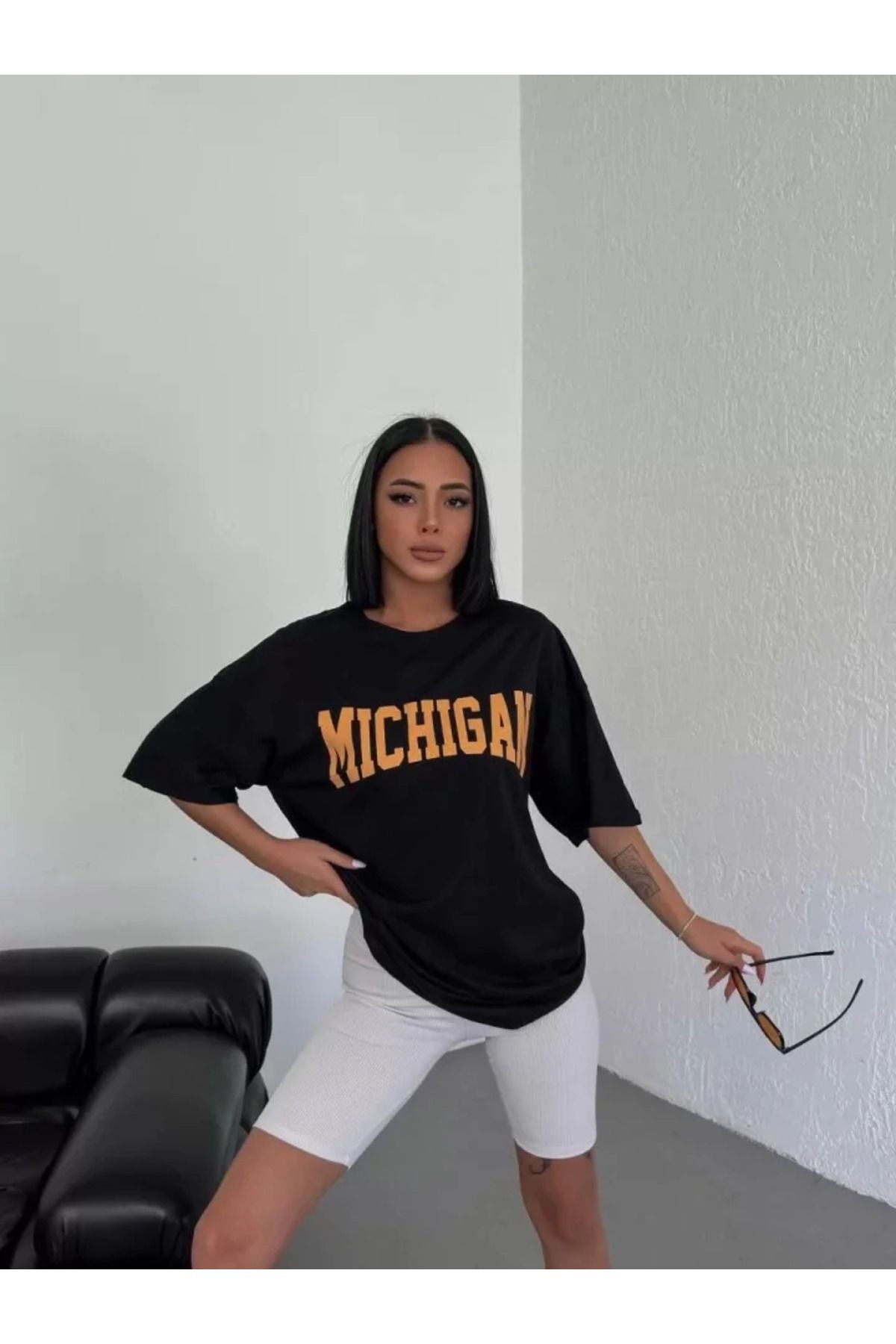 Unisex Bisiklet Yaka Baskılı Oversize T-Shirt - Beyaz