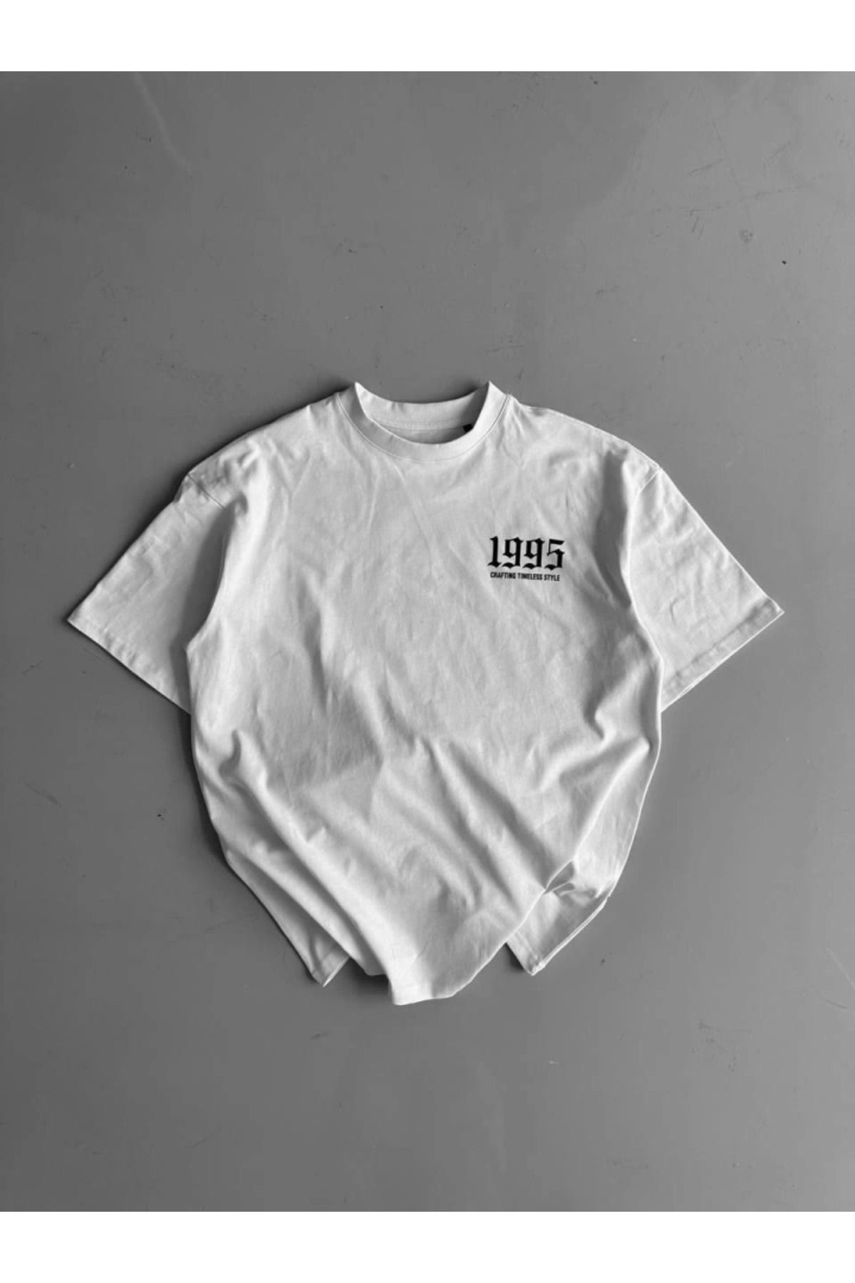 Baskılı Oversize Bisiklet Yaka T-shirt - Beyaz