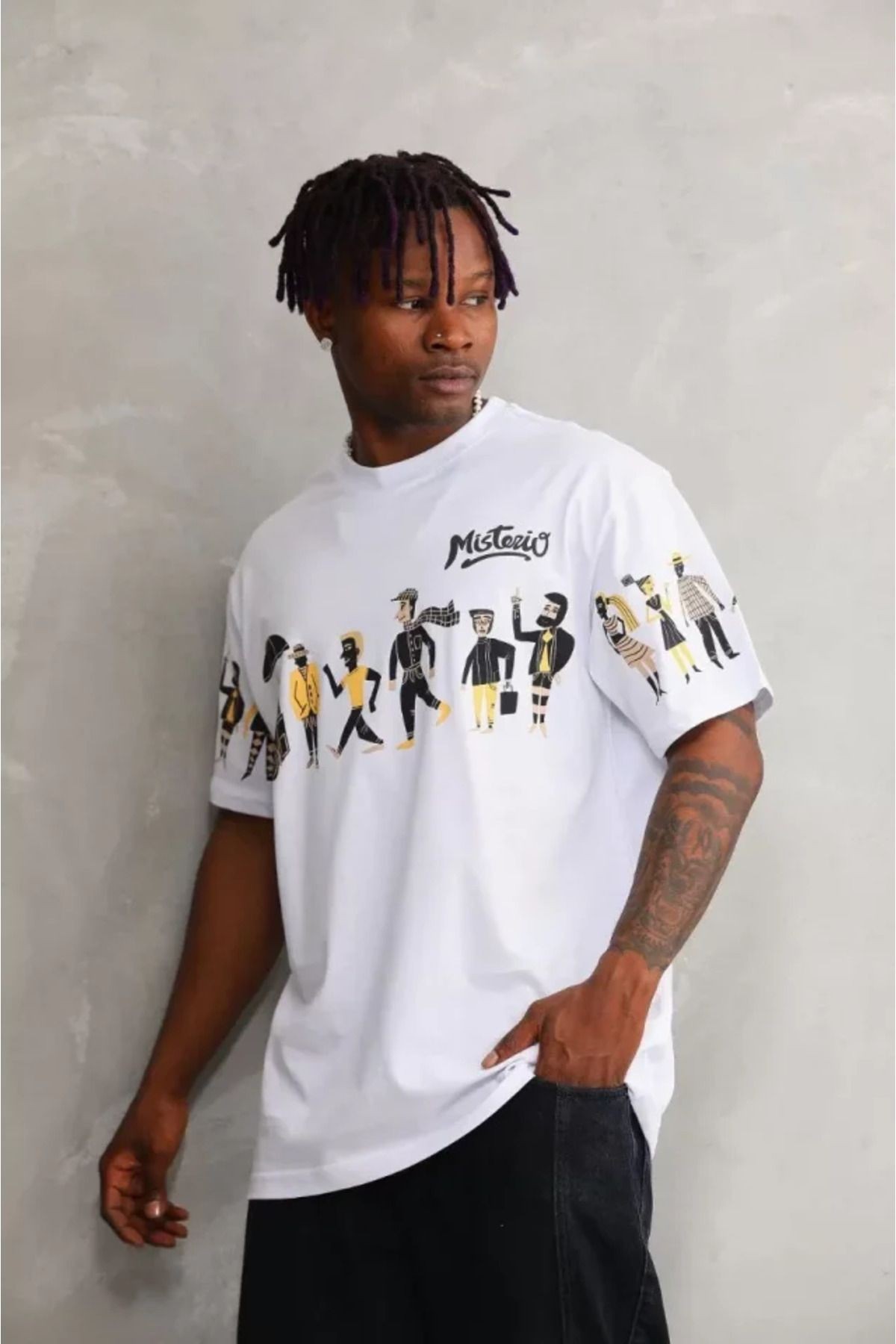 Unisex Bisiklet Yaka Baskılı Oversize T-Shirt - Beyaz