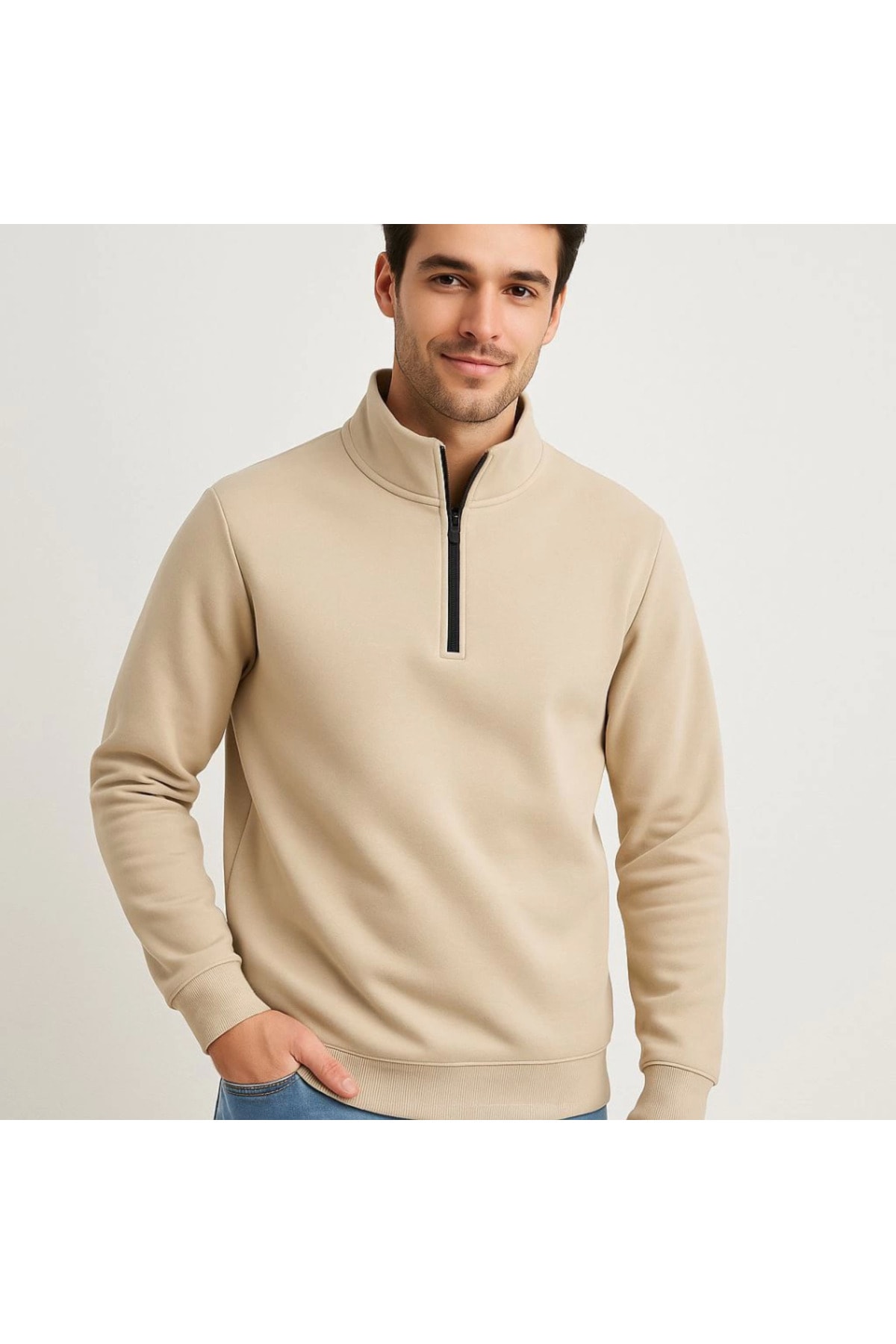 Erkek Dik Yaka Sweatshirt Dik Yaka Yarım Fermuarlı 3 İplik Şardonlu Pamuk Kumaş - Bej
