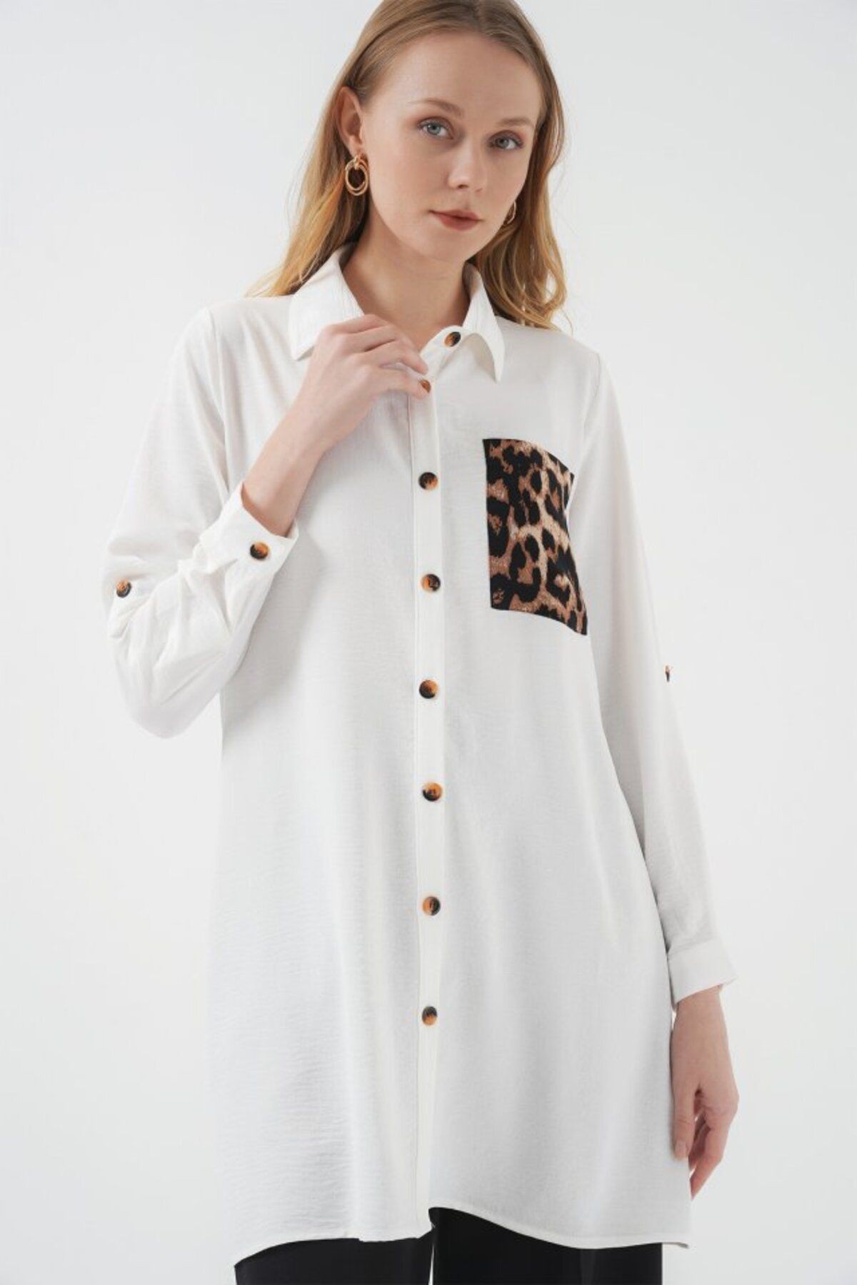 cottonLab 5851 Cep Detaylı Gömlek Tunik - Beyaz