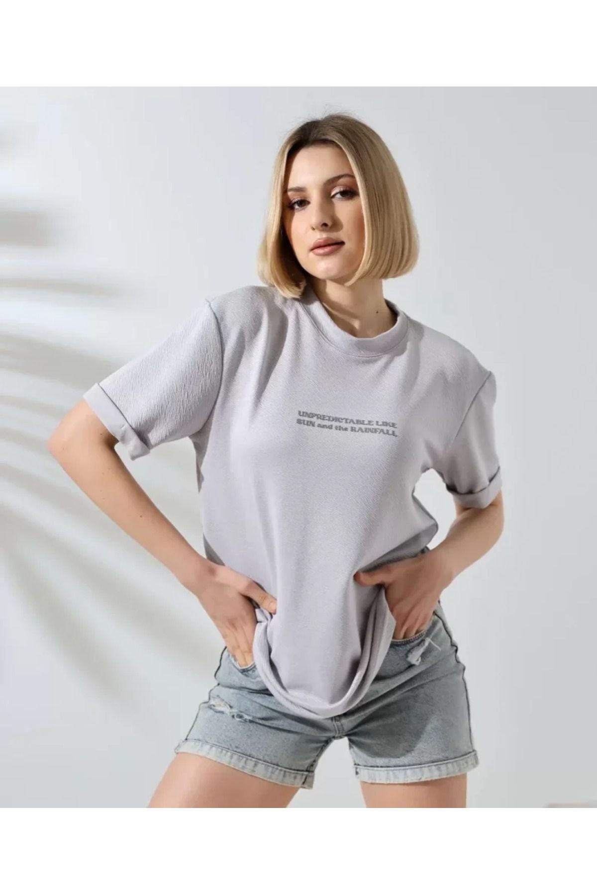 Unisex Bisiklet Yaka Baskılı Slim Fit T-Shirt - Boyalı Gri