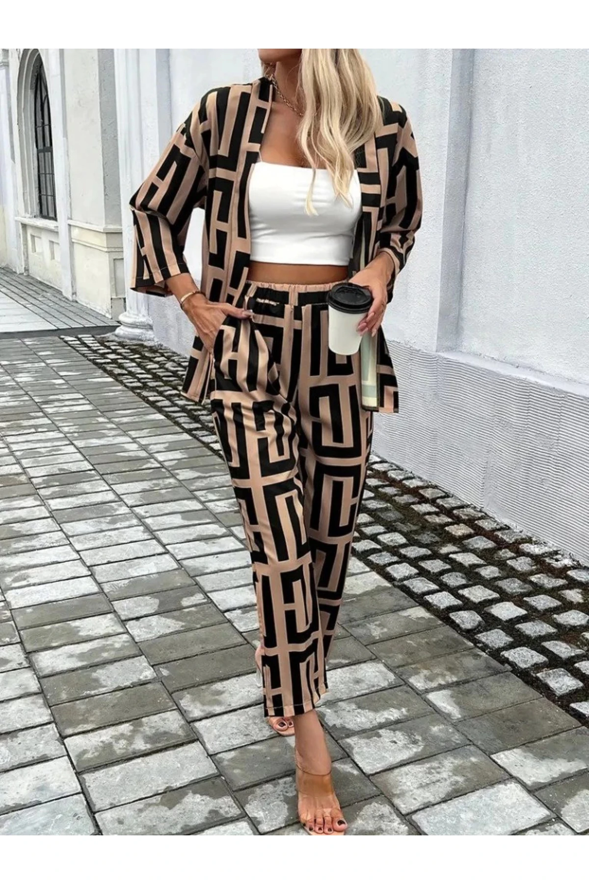 Kadın Uzun Kollu önü Açık Desenli Iki Iplik Ceket Ve Pantolon Ikili Takım