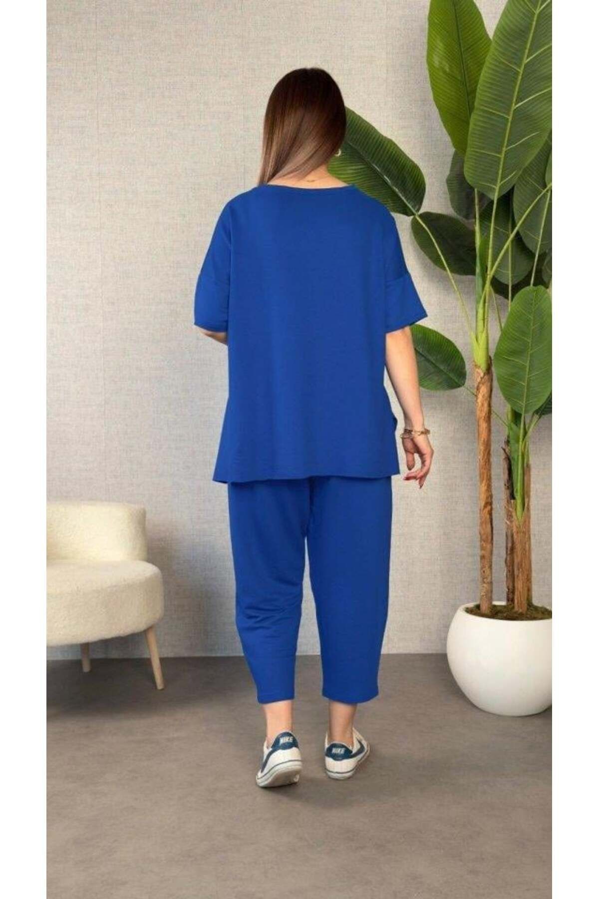 Kadın Kısa Kollu Bisiklet Yaka Viskon Iki Iplik Bluz Ve Pantolon Ikili Takım