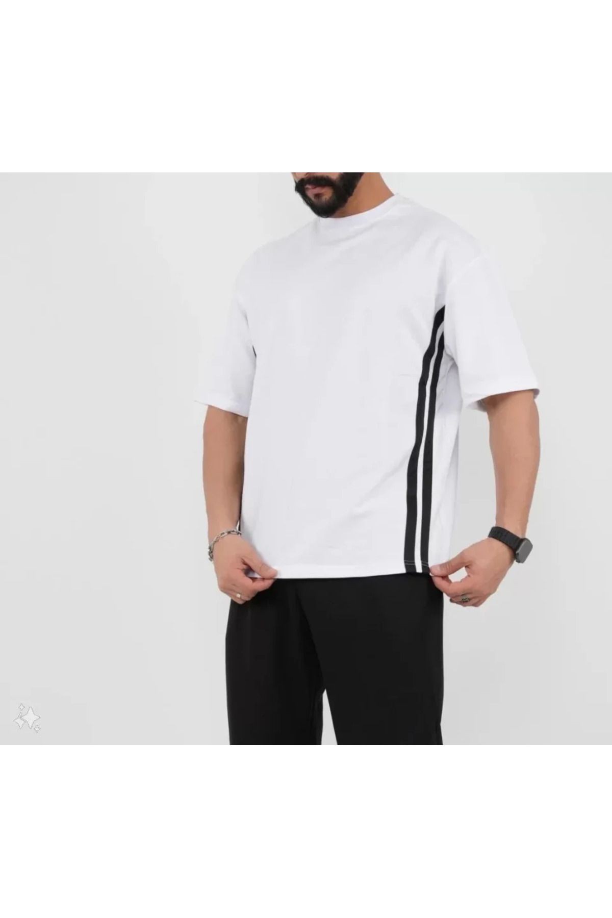 Unisex Oversize Yanları Şeritli T-Shirt - Beyaz