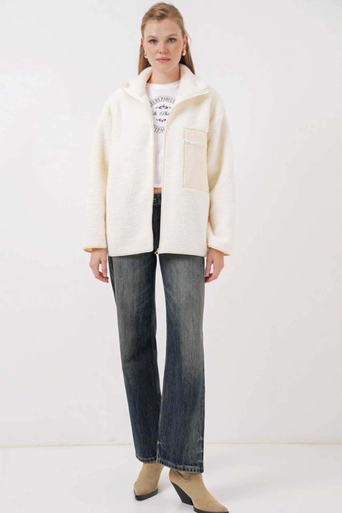 55446 Fermuarlı Oversize Peluş Mont - Bej
