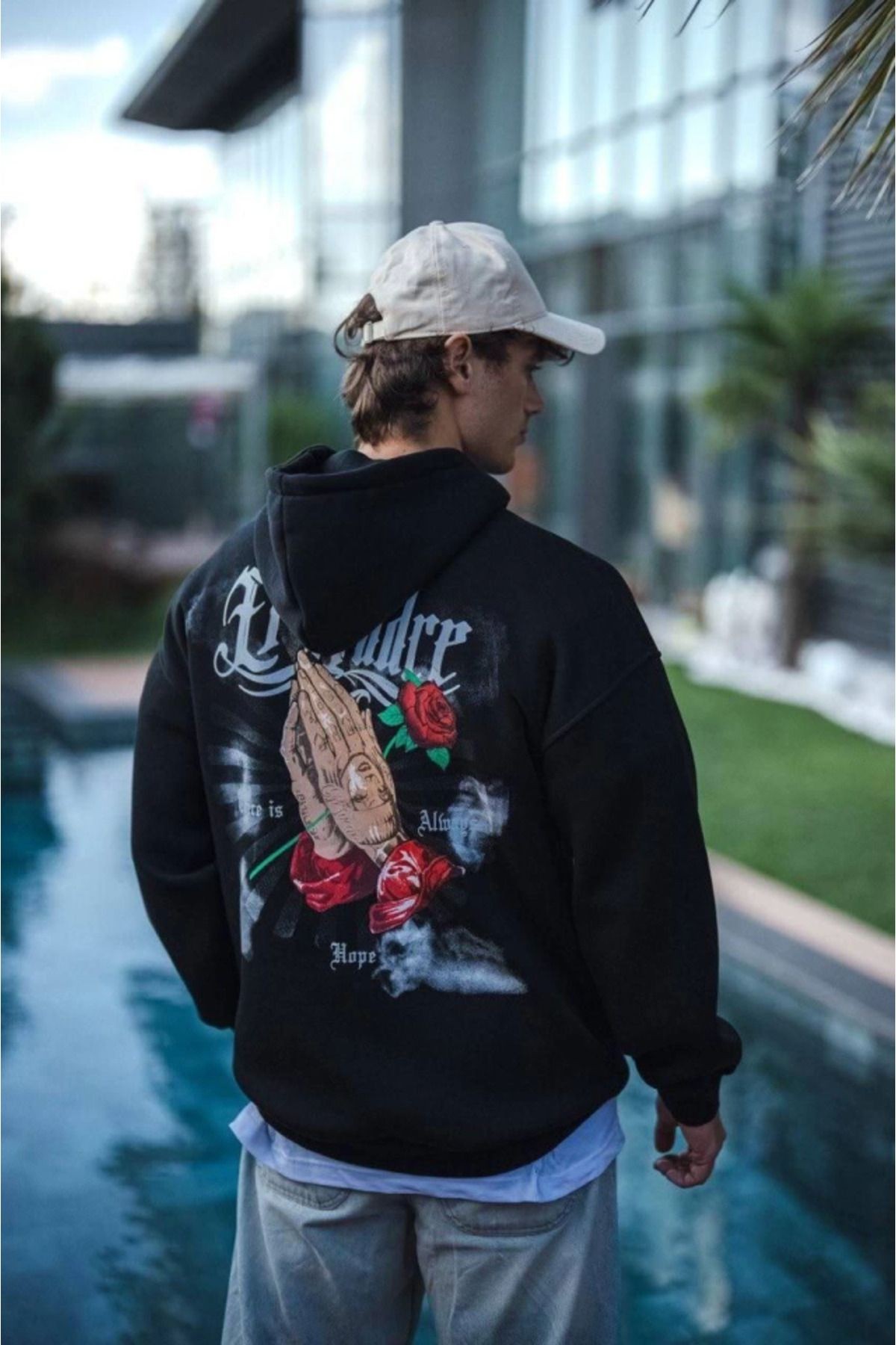 Üç İplik Penye Kapşonlu Baskılı SweatShirt - Siyah