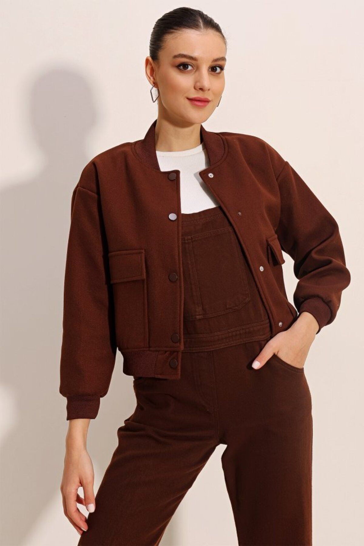 0688 Çift Cepli Bomber Ceket - Bej