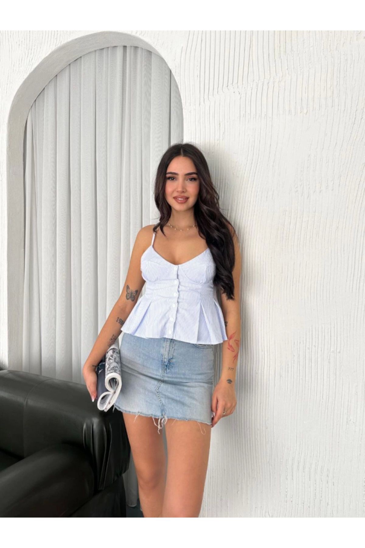 Askılı Dekolte Deraylı Crop - Açık Mavi