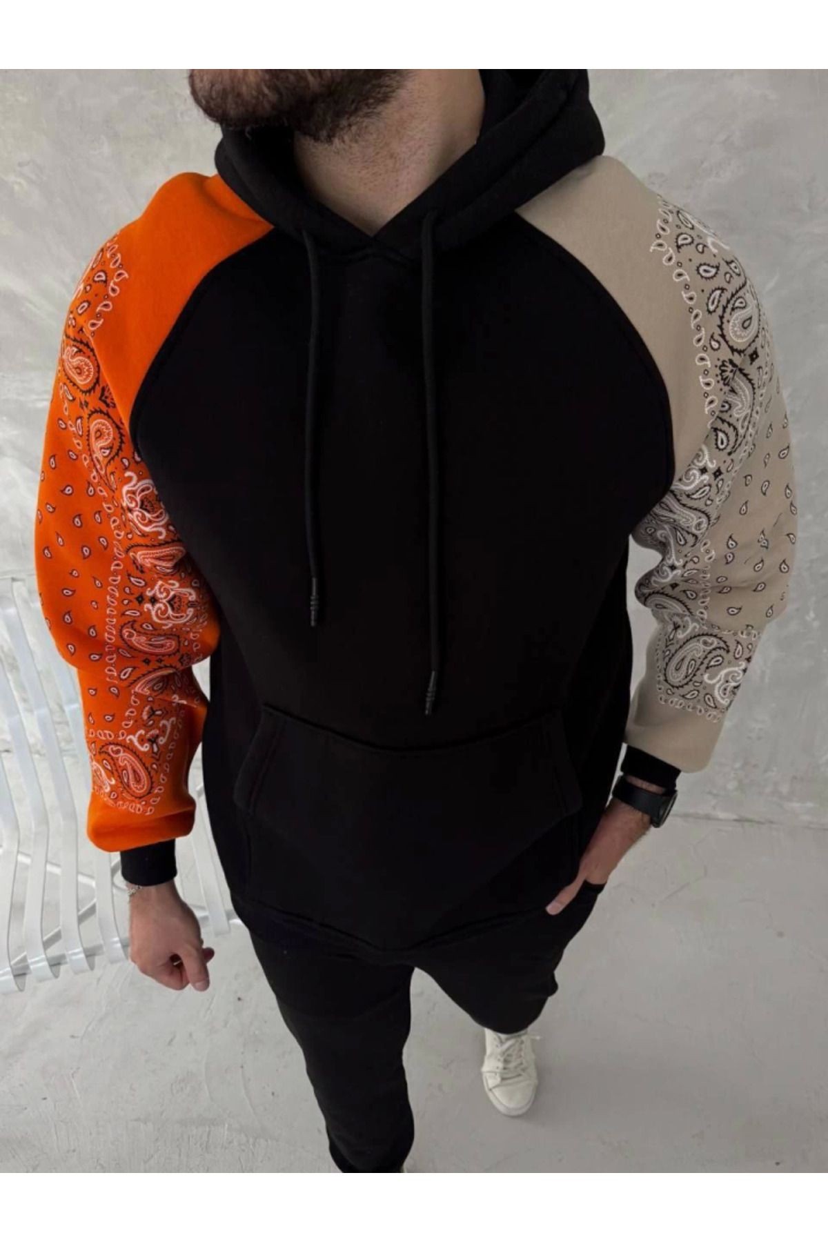 Üç İplik Penye Kapşonlu Parçalı SweatShirt - Siyah